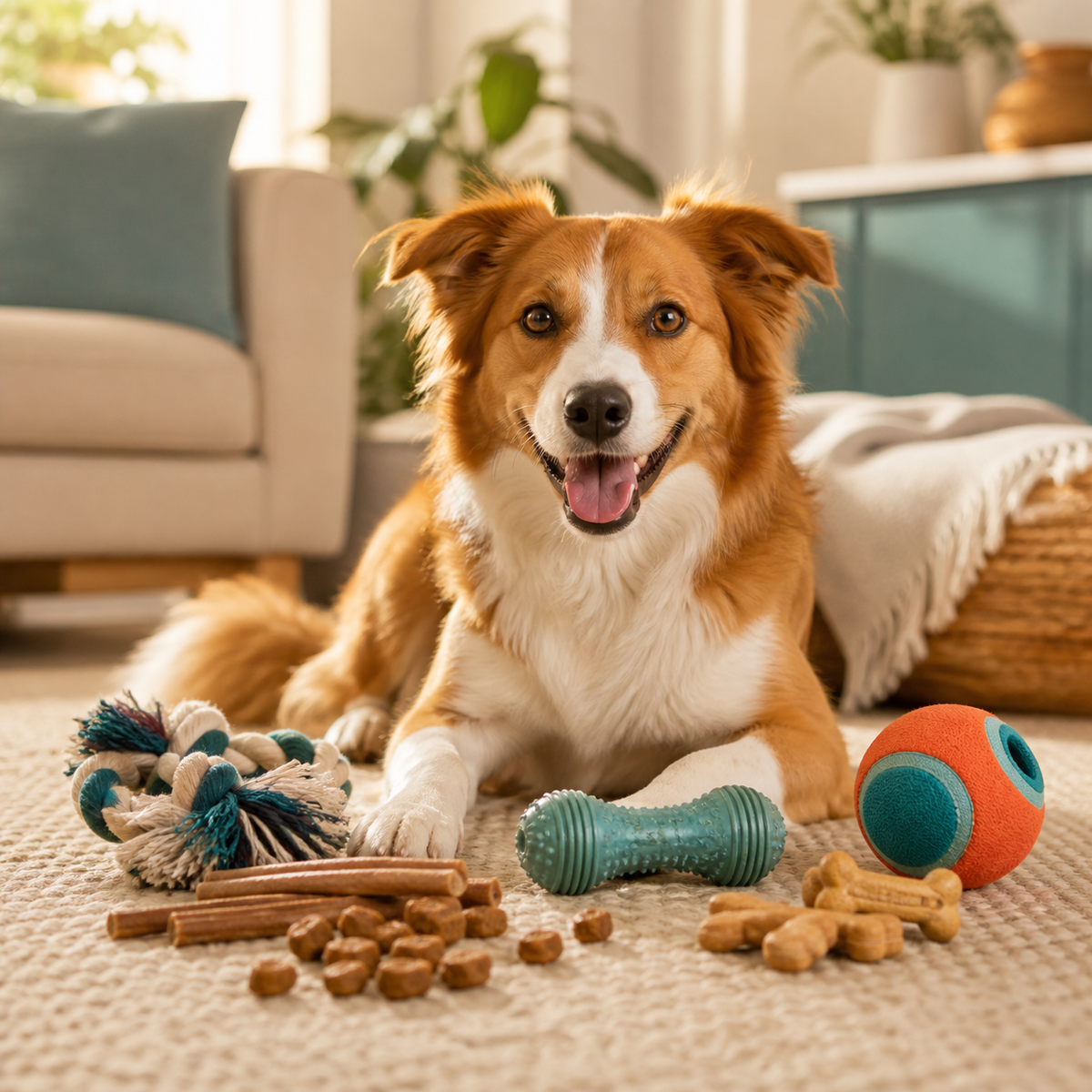 Happy dog with favorite treats, chews and toys from PawShips