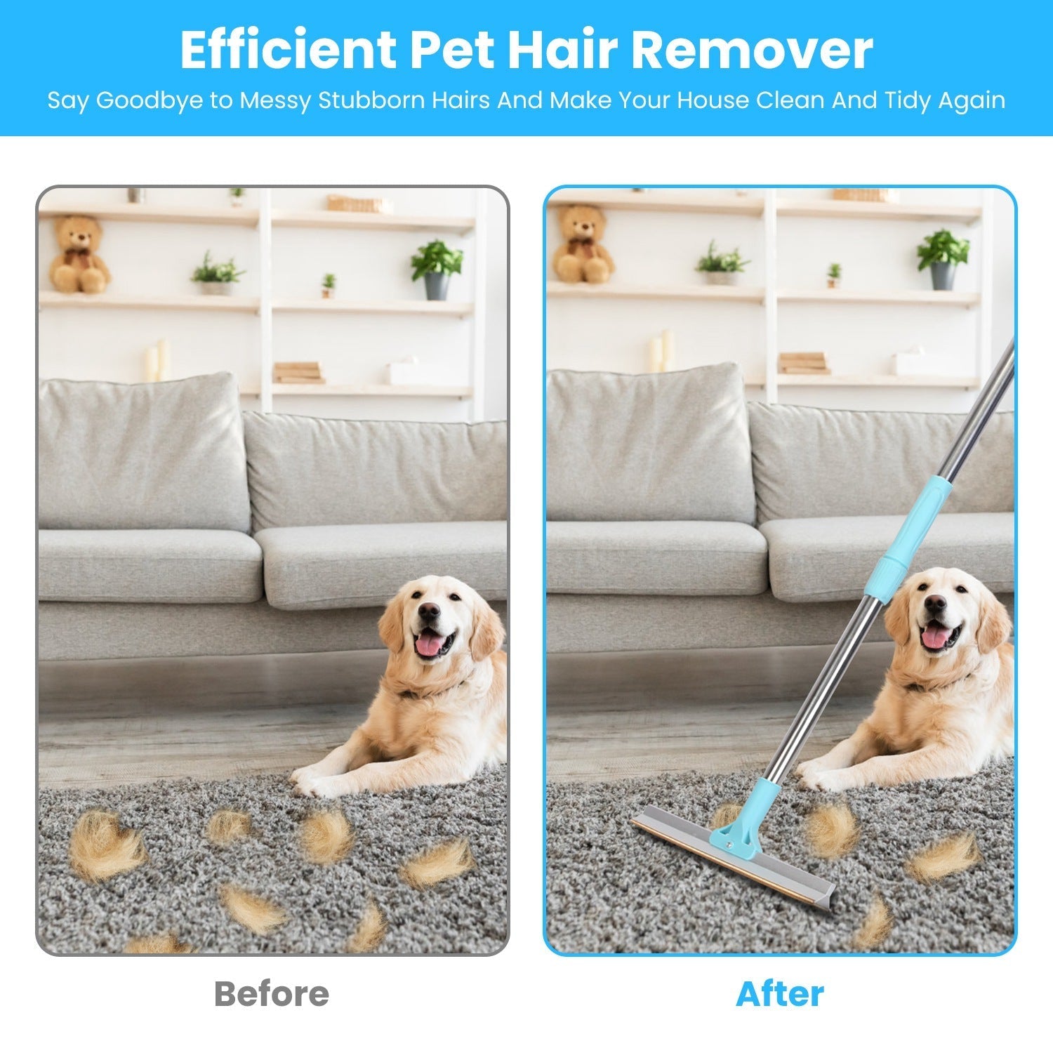 Pet Hair Removal Rake with Telescopic Handle