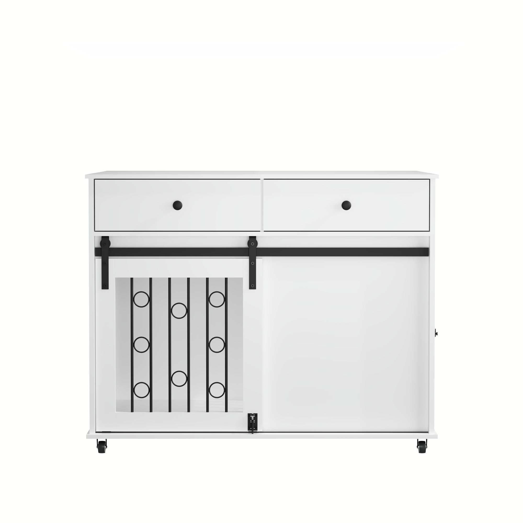 Modern White Wooden Dog Crate with Sliding Barn Door and Storage Drawers