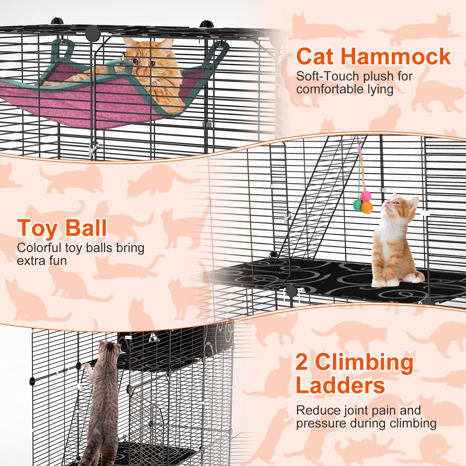 3-Tier Cat Cage Enclosure with Hammock and Toy Ball