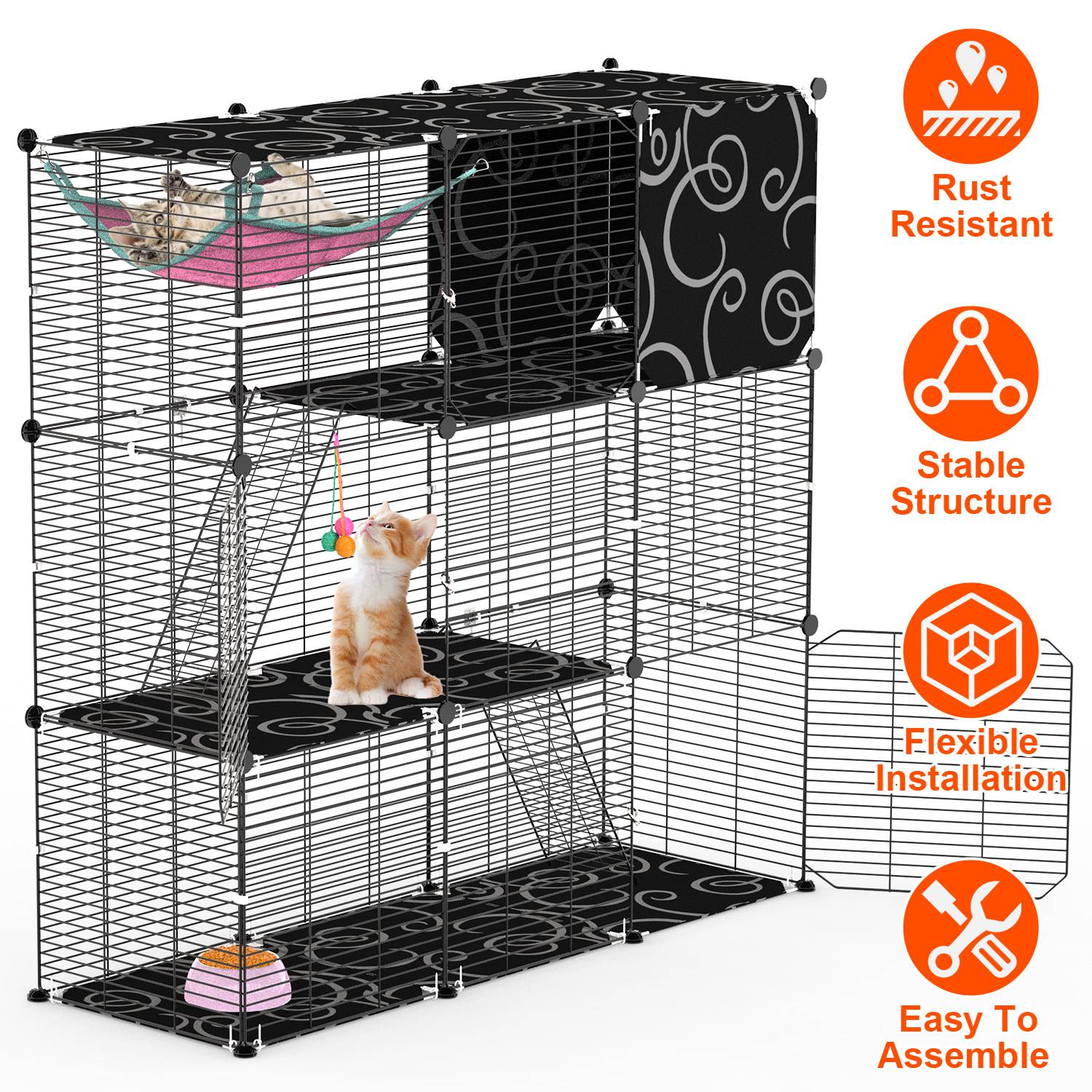 3-Tier Cat Cage Enclosure with Hammock and Toy Ball