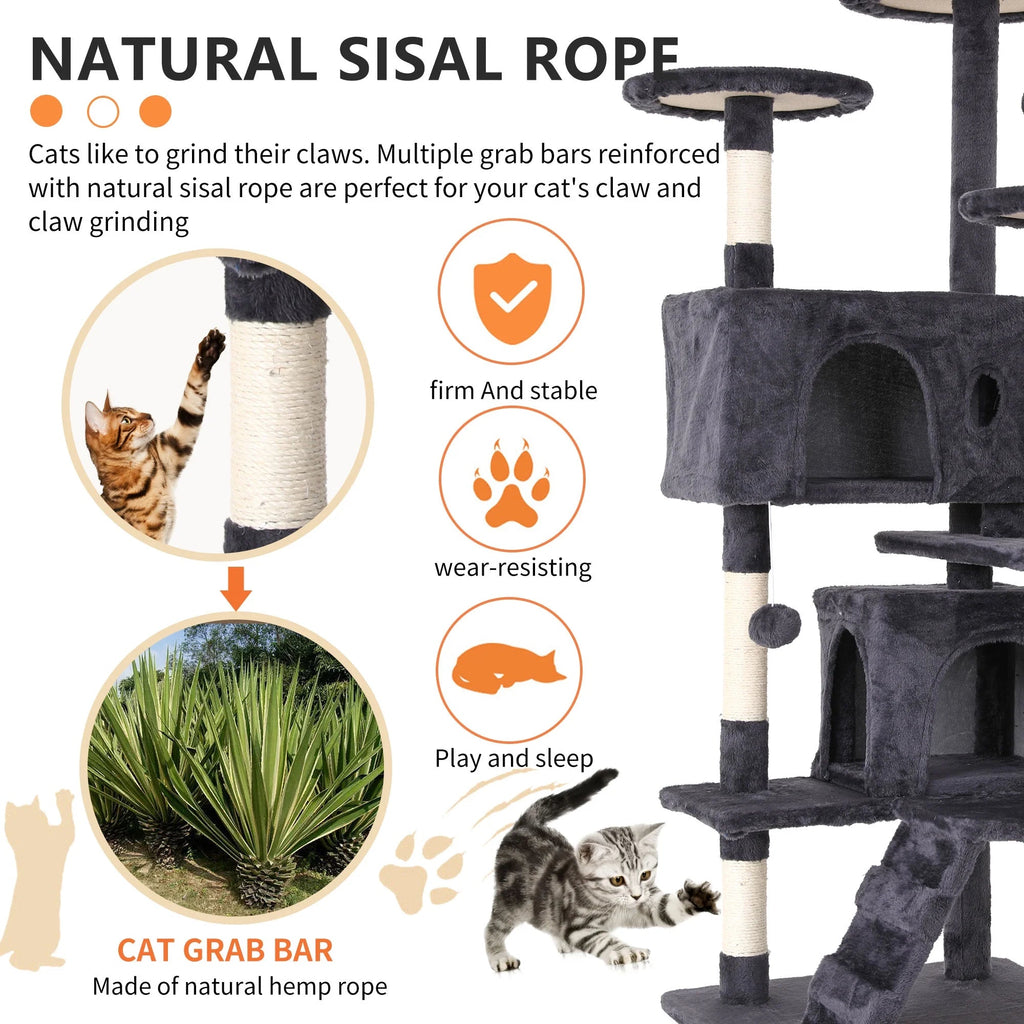 54-Inch Cat Tree with Sisal Scratching Posts, Ashy