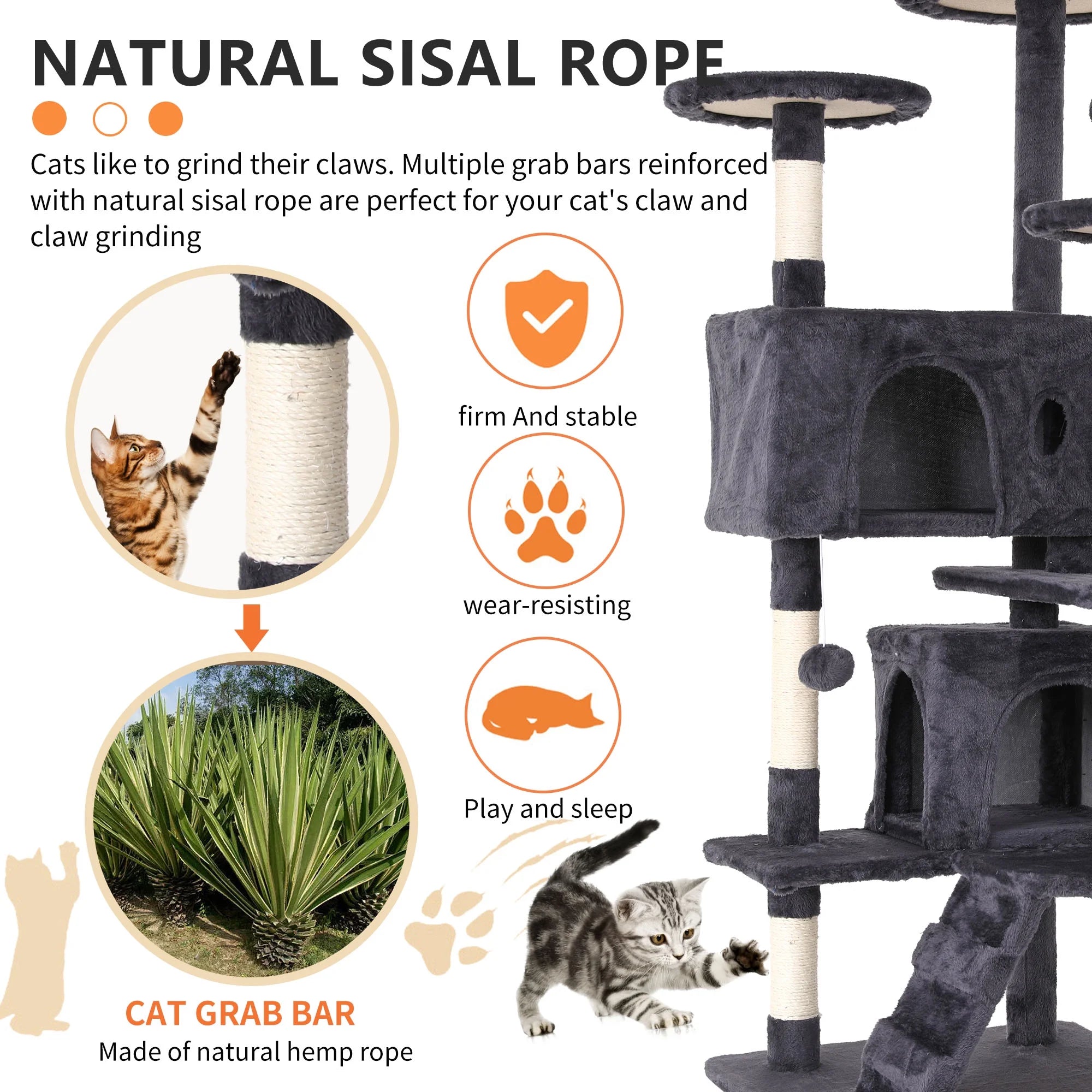 54-Inch Cat Tree with Sisal Scratching Posts, Ashy