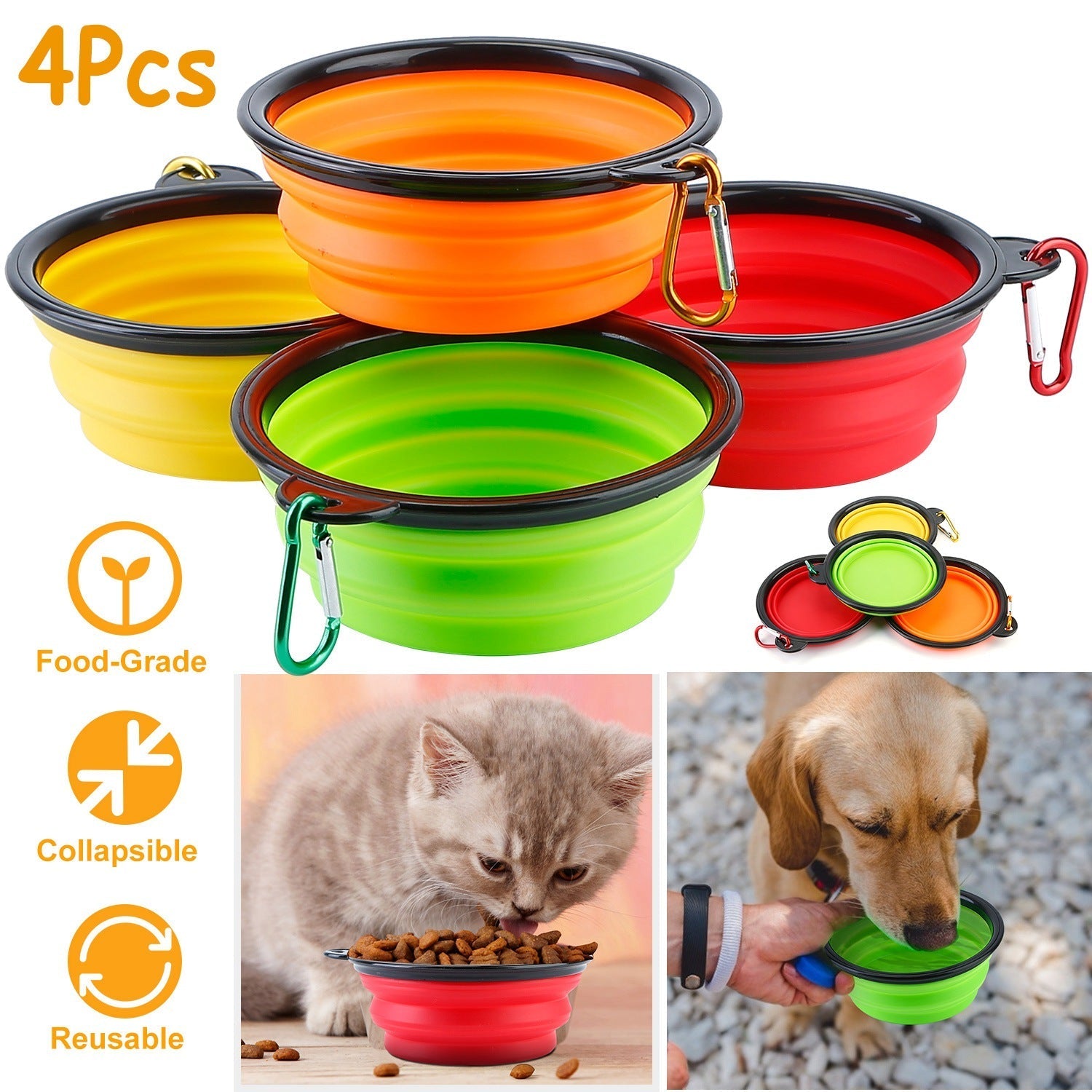 Collapsible Silicone Dog Bowls Set of 4 with Carabiners