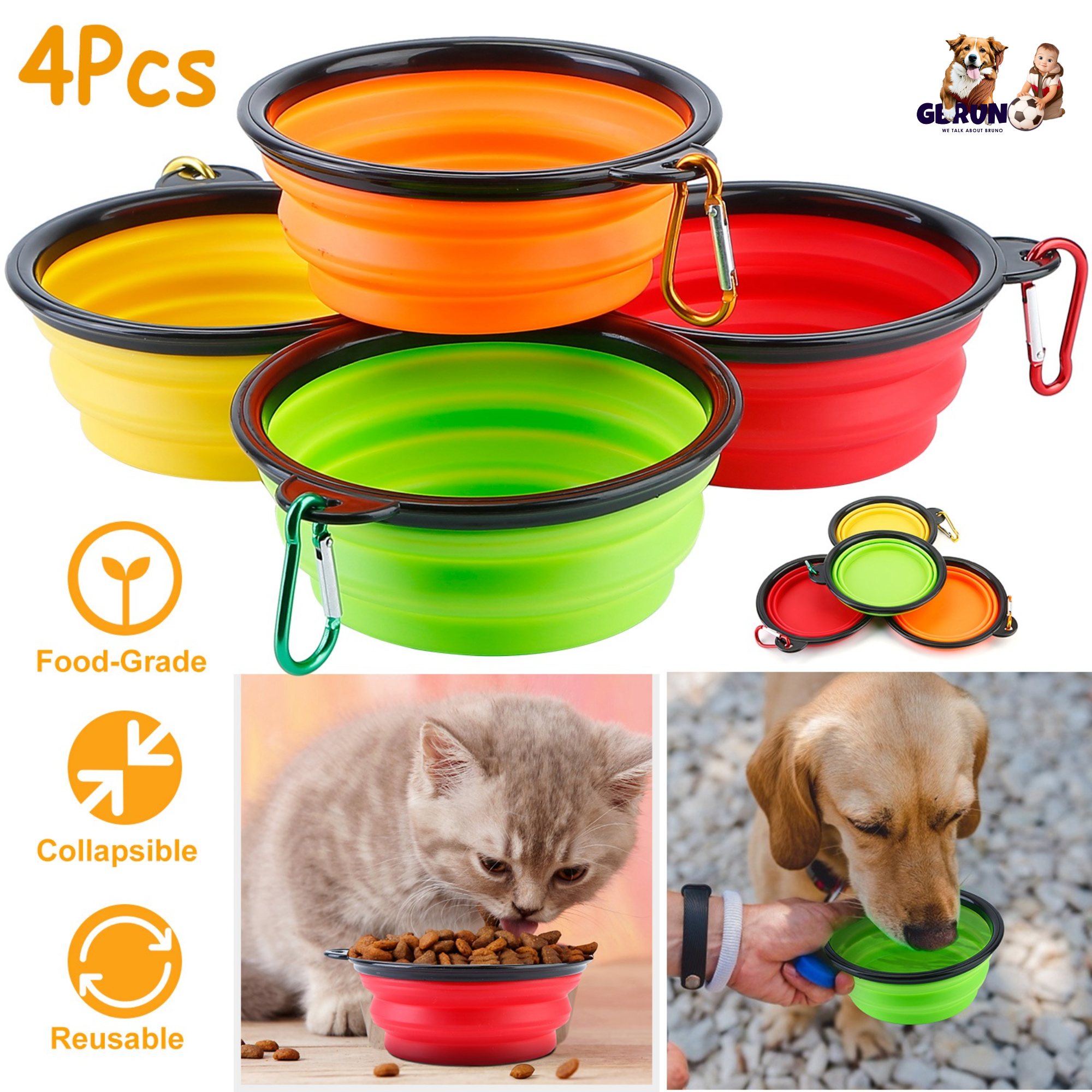 Collapsible Silicone Dog Bowls Set of 4 with Carabiners