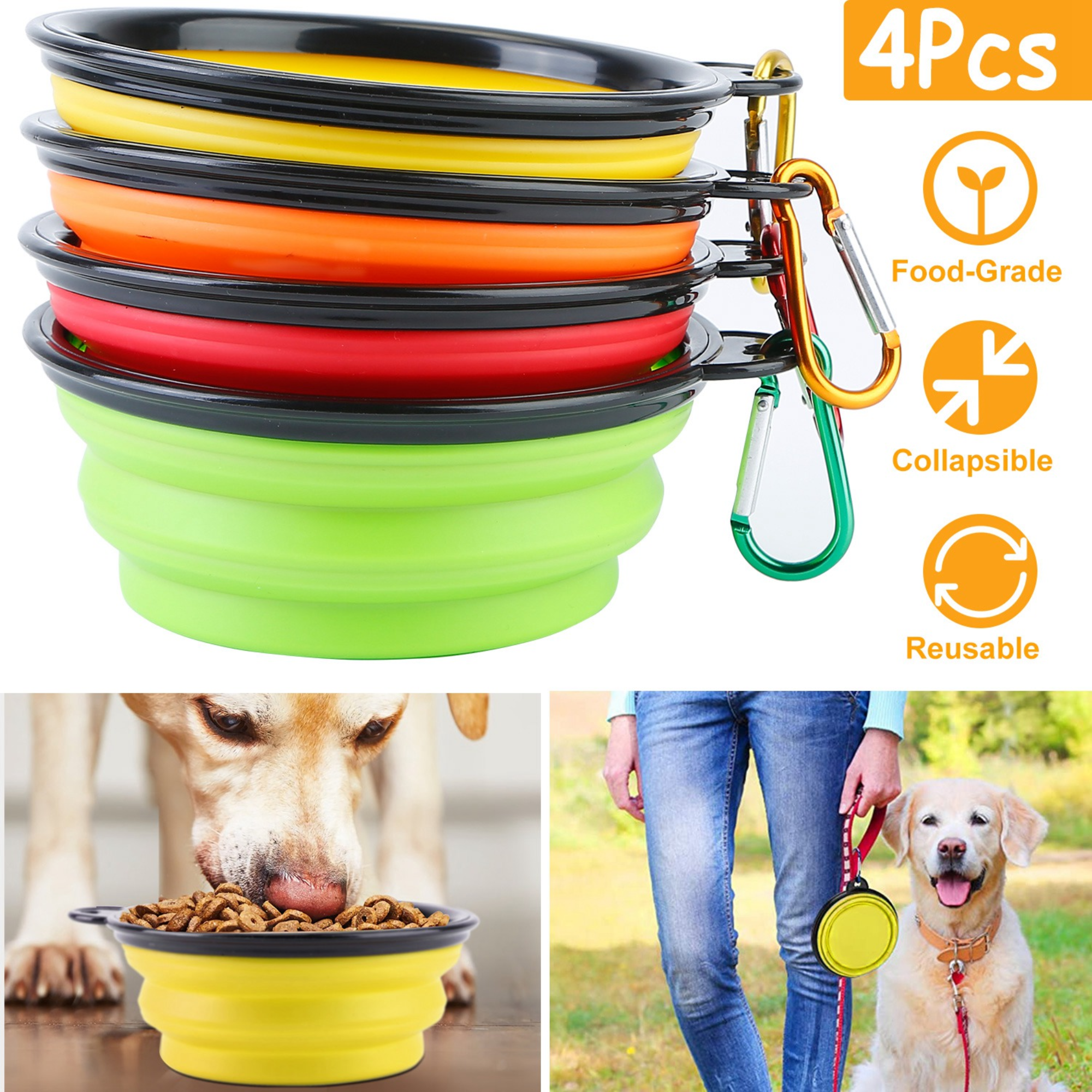 Collapsible Silicone Dog Bowls Set of 4 with Carabiners
