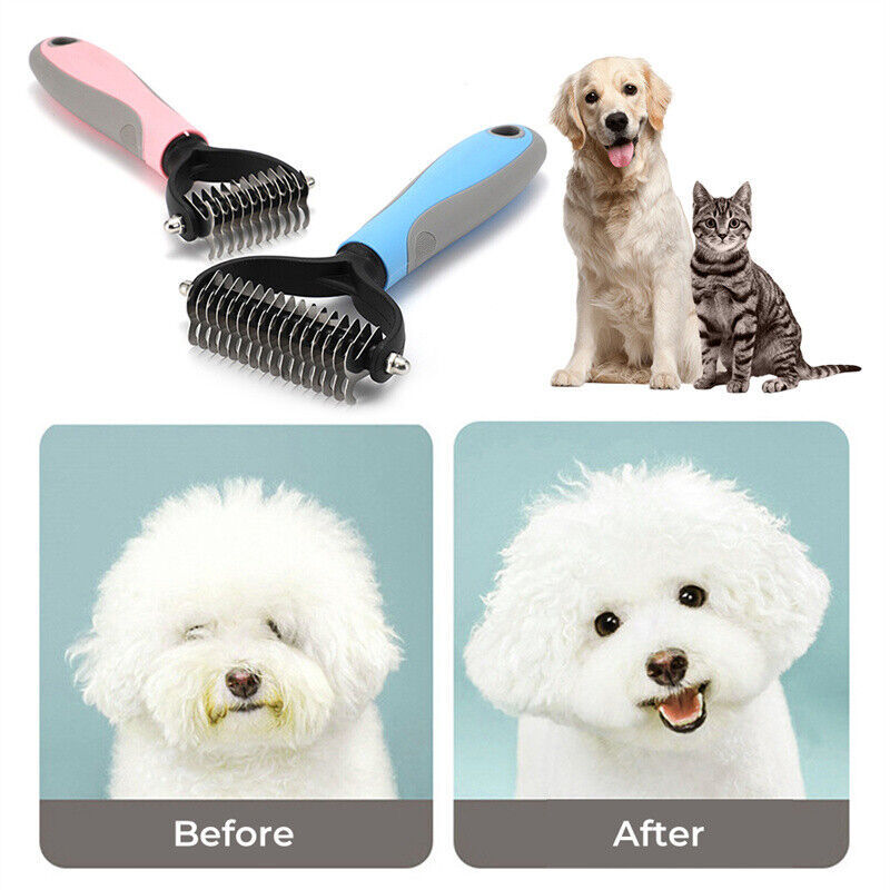 Dual-Sided Dematting Brush for Dogs and Cats, Large, Blue/Pink