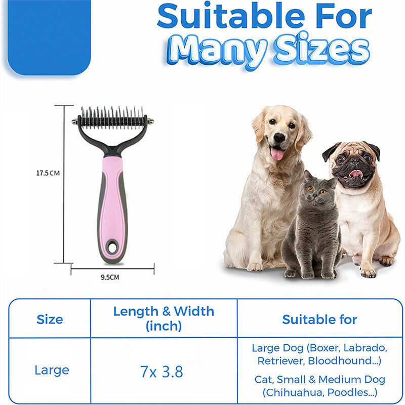 Dual-Sided Dematting Brush for Dogs and Cats, Large, Blue/Pink