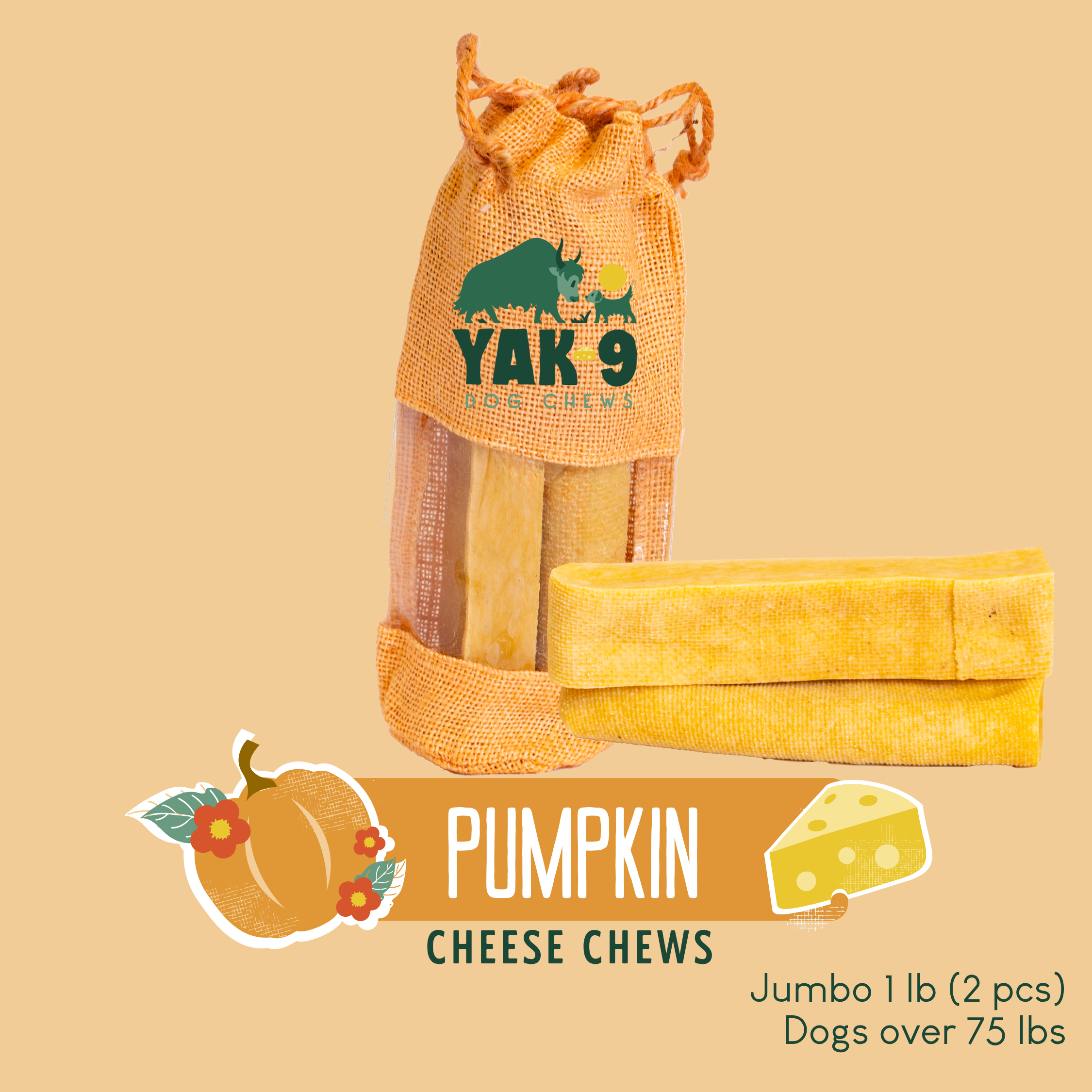 Pumpkin Yak Cheese Dog Chews with Organic Pumpkin