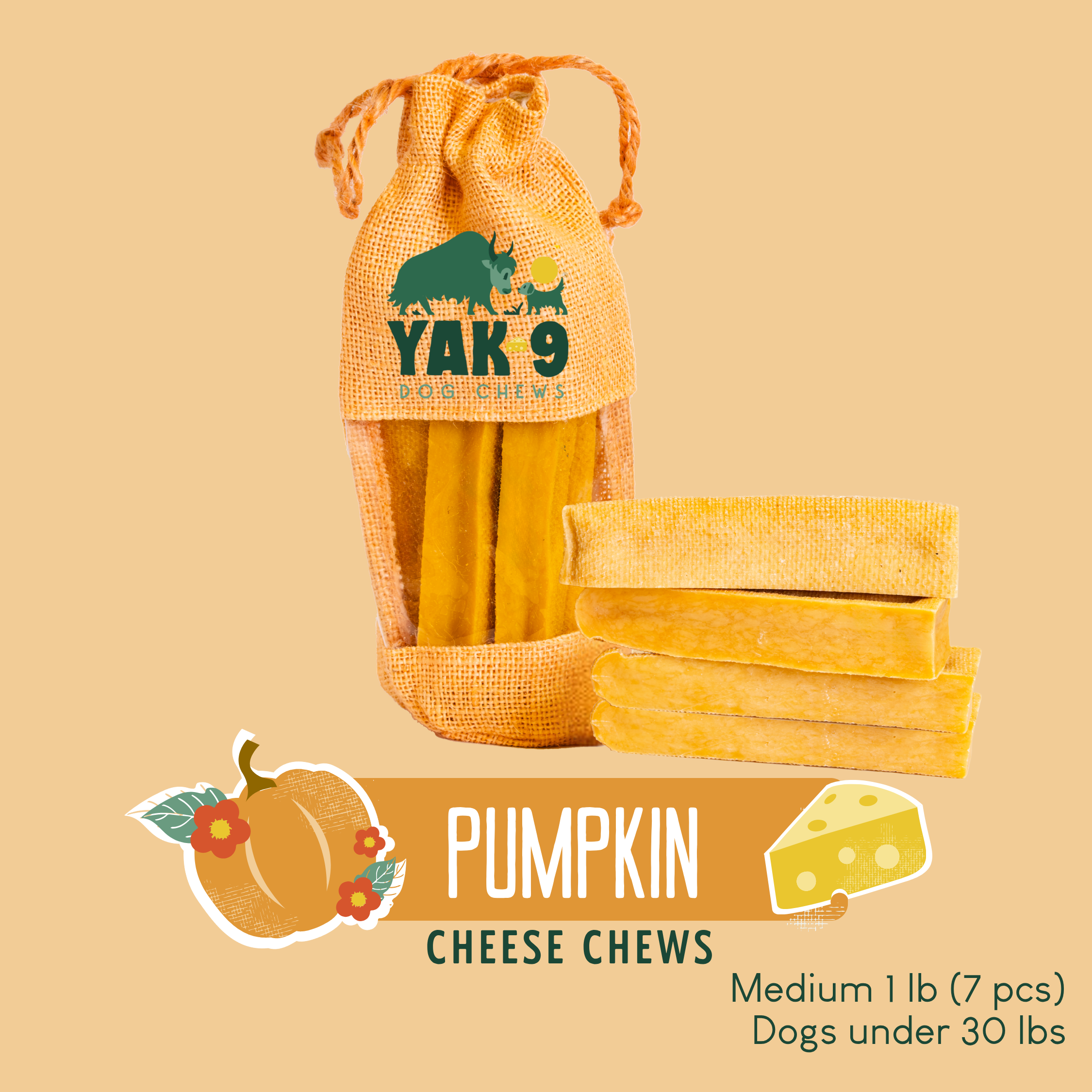 Pumpkin Yak Cheese Dog Chews with Organic Pumpkin