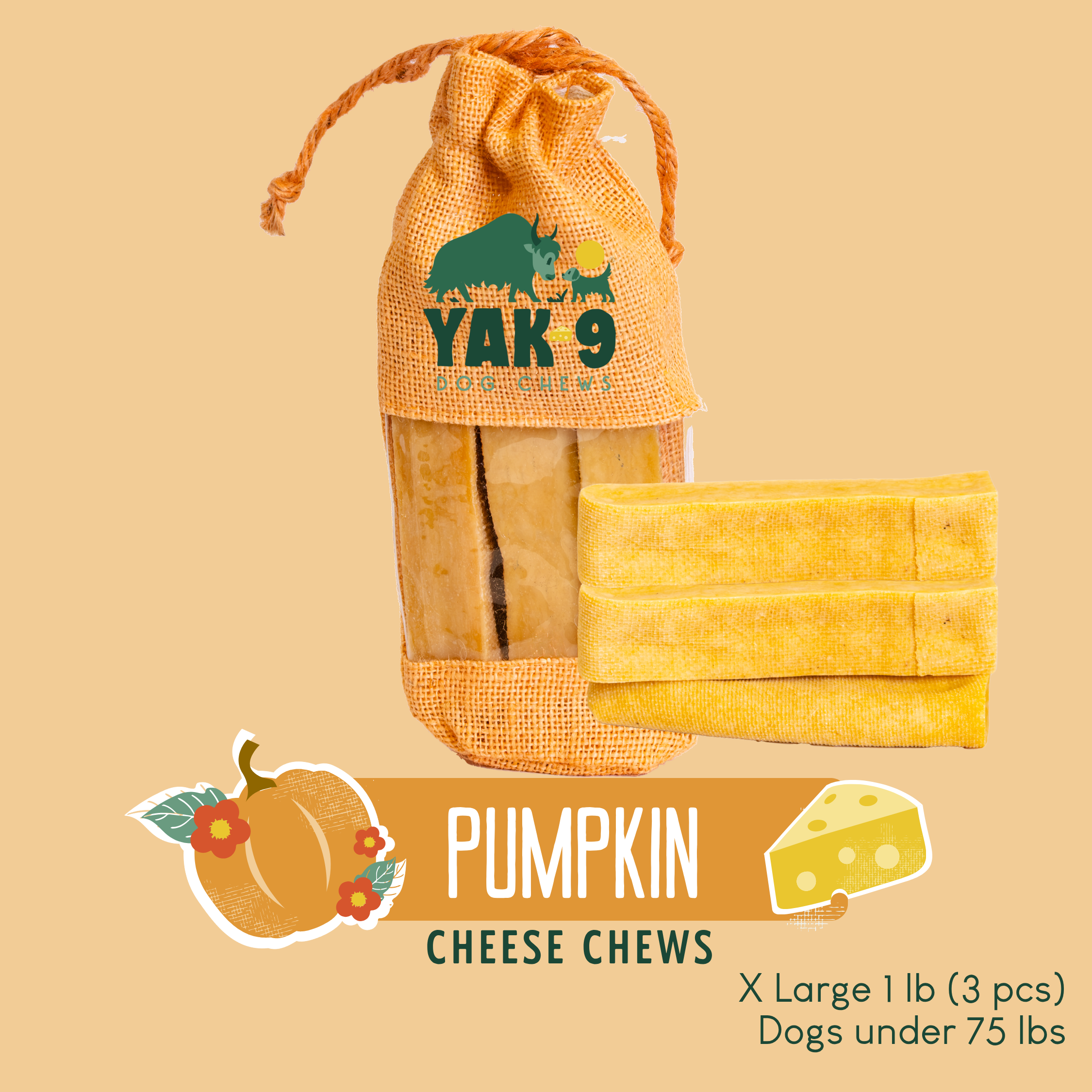 Pumpkin Yak Cheese Dog Chews with Organic Pumpkin