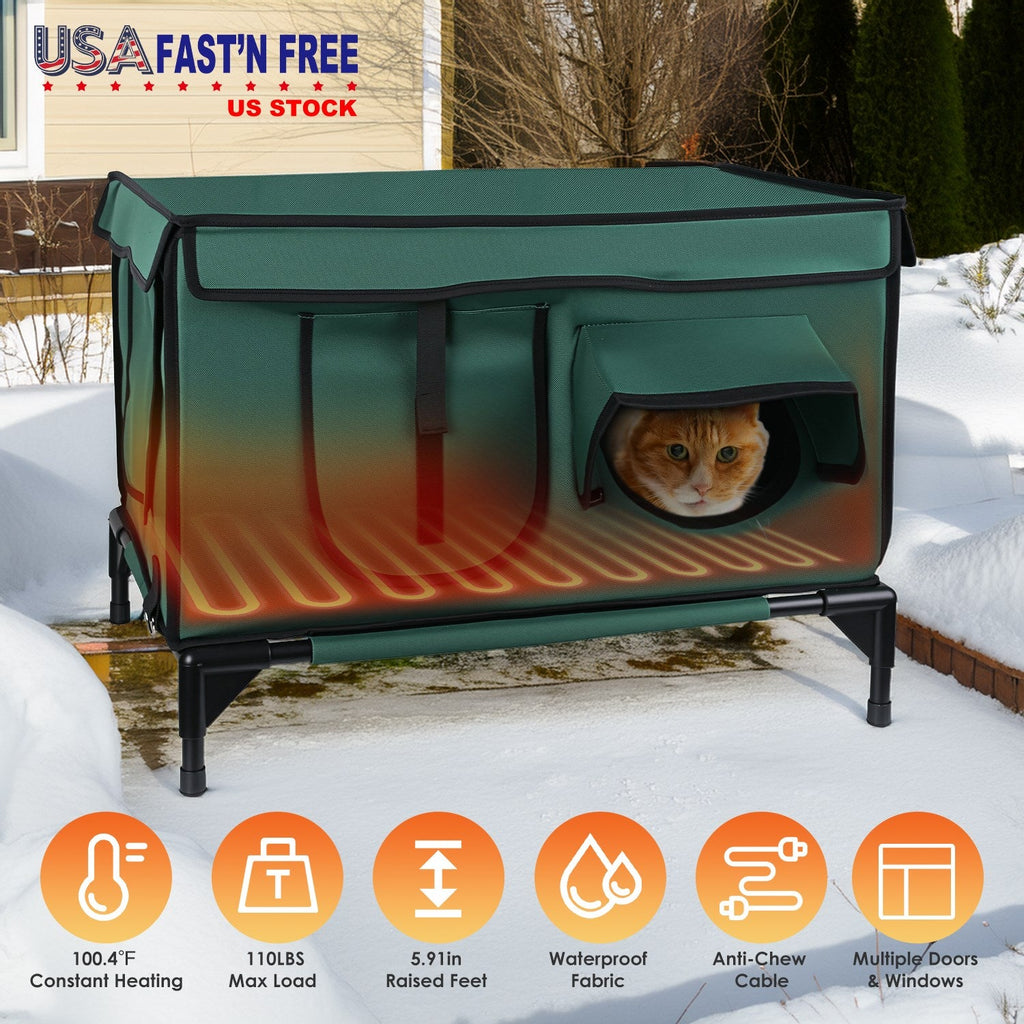 Heated Cat House with Weatherproof Oxford Fabric and Flannel Cover
