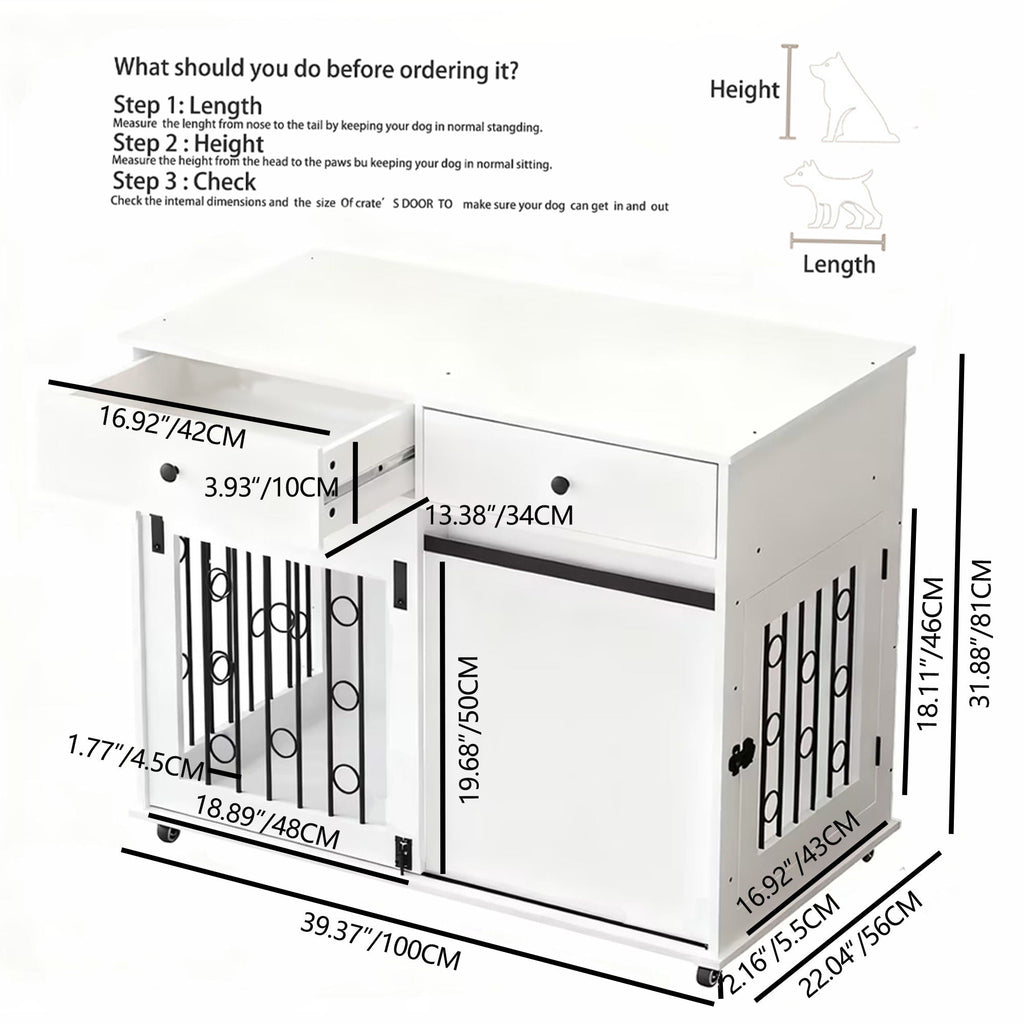 Modern White Wooden Dog Crate with Sliding Barn Door and Storage Drawers