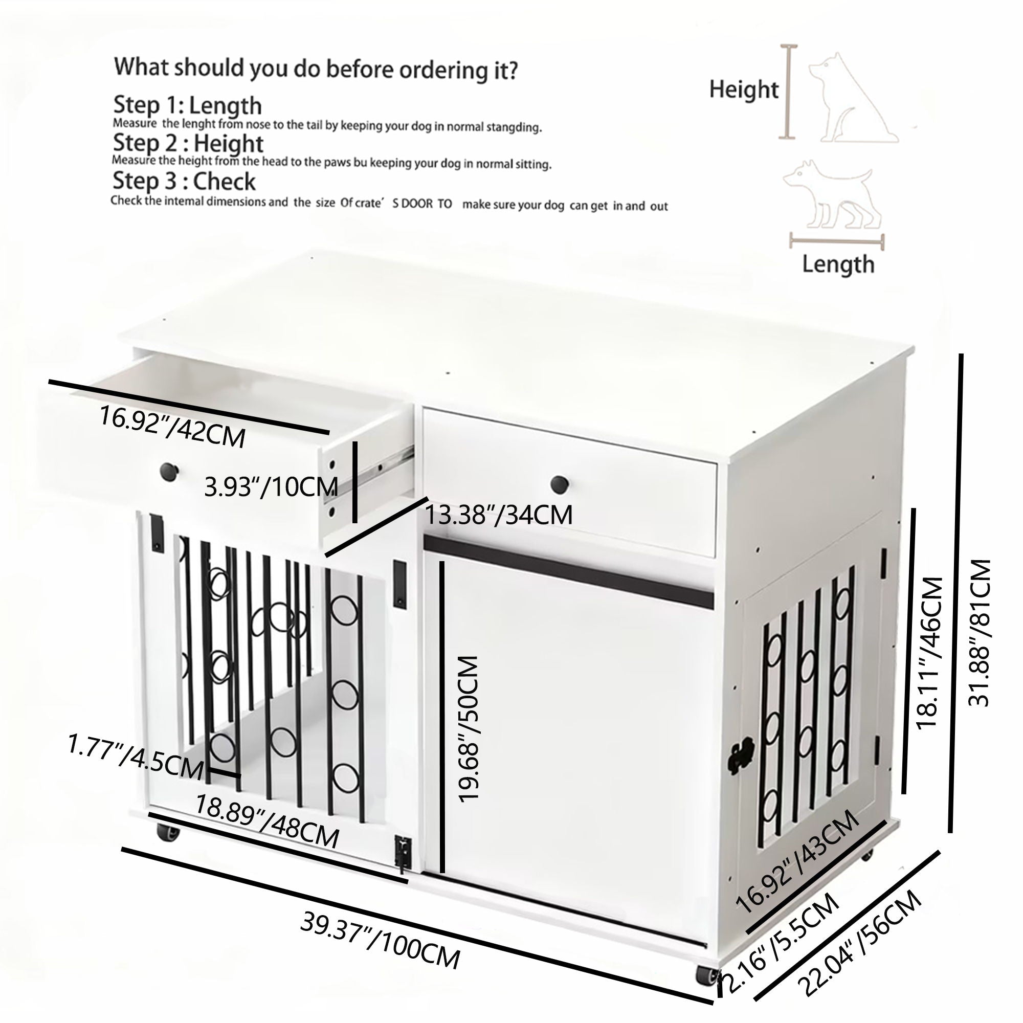 Modern White Wooden Dog Crate with Sliding Barn Door and Storage Drawers