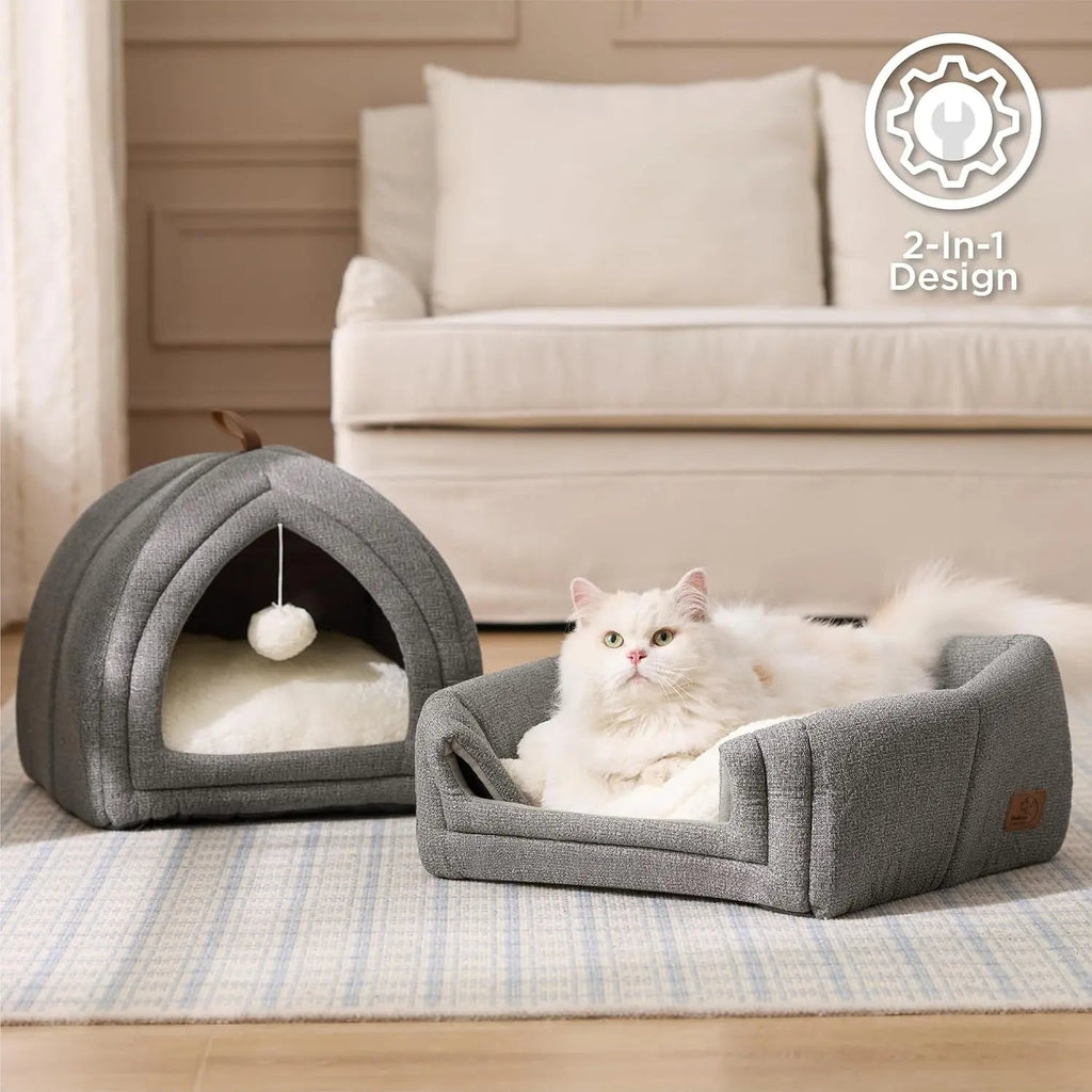2-in-1 Cat Cave Bed with Removable Sherpa Cushion, 16"