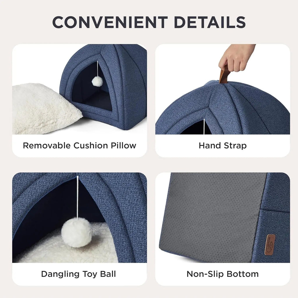 2-in-1 Cat Cave Bed with Removable Sherpa Cushion, 16"