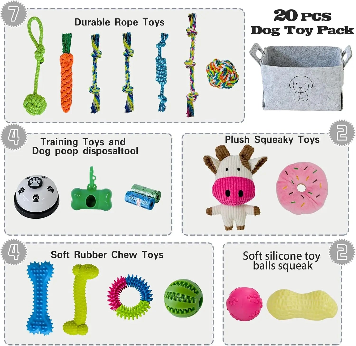 Puppy Teething and Chew Toy Set with Storage Basket, 20 Pieces