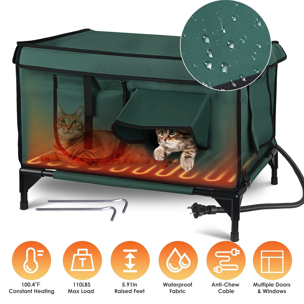Heated Cat House with Weatherproof Oxford Fabric and Flannel Cover