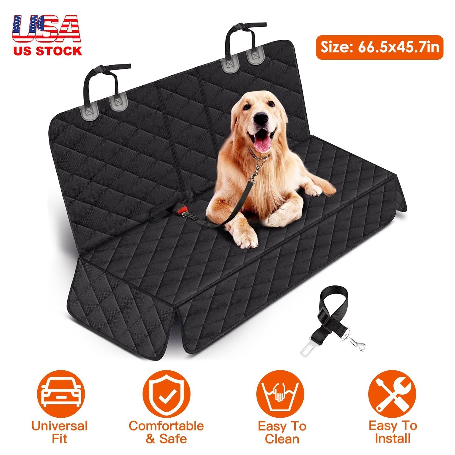Dog Car Seat Cover with Seat Belt Attachment, Universal Fit