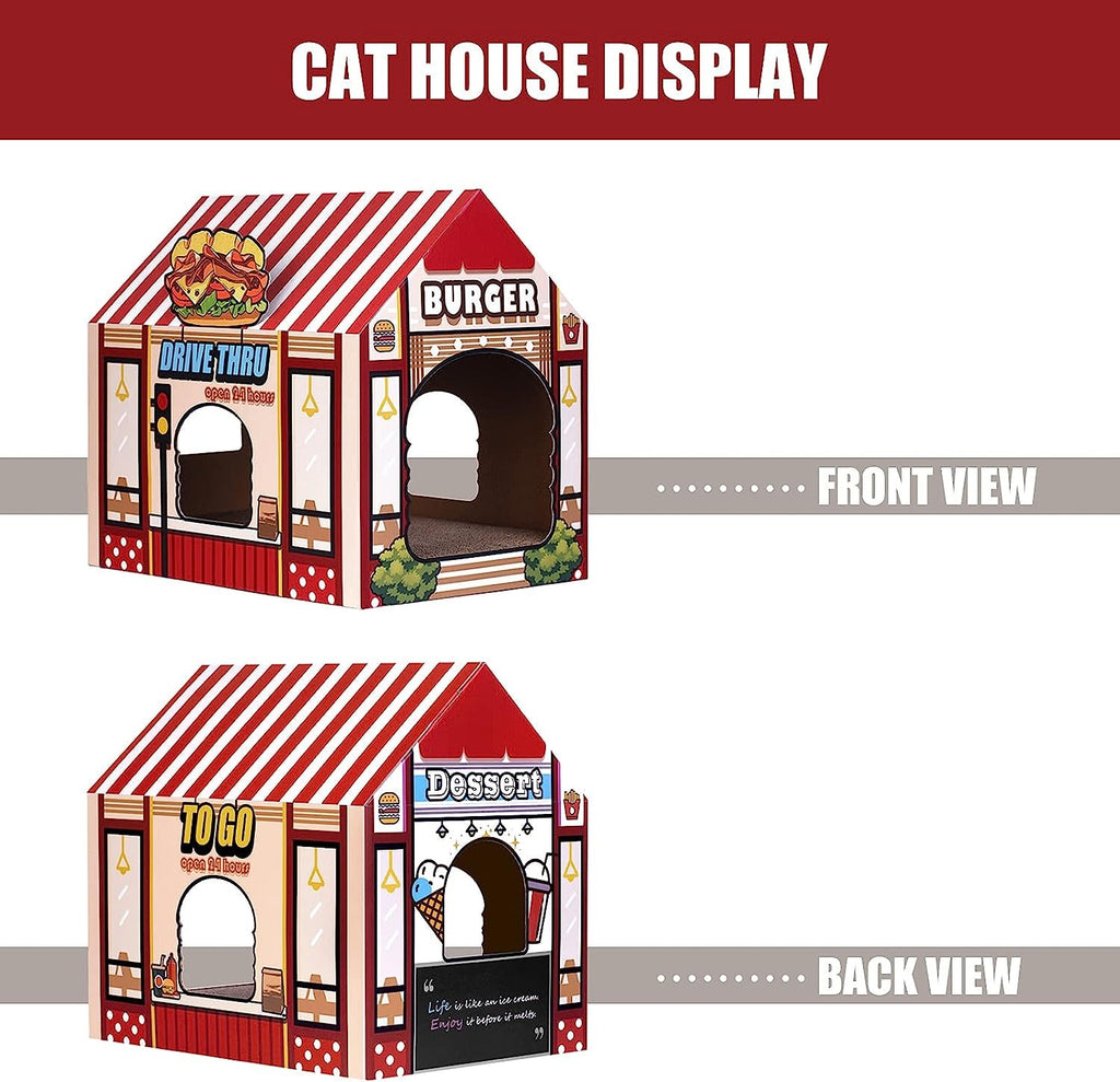 2-in-1 Cat House & Scratcher – Burger Shop Cardboard Design
