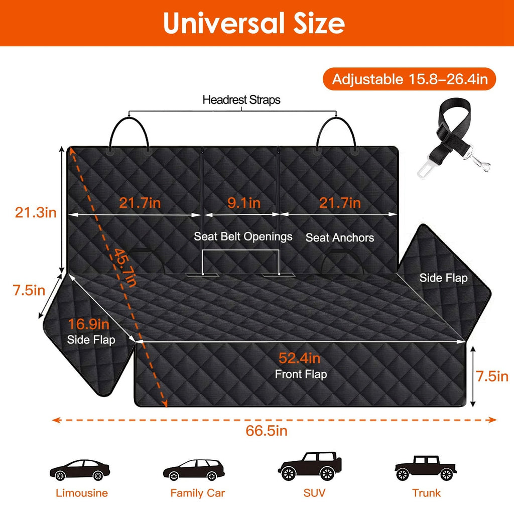 Dog Car Seat Cover with Seat Belt Attachment, Universal Fit