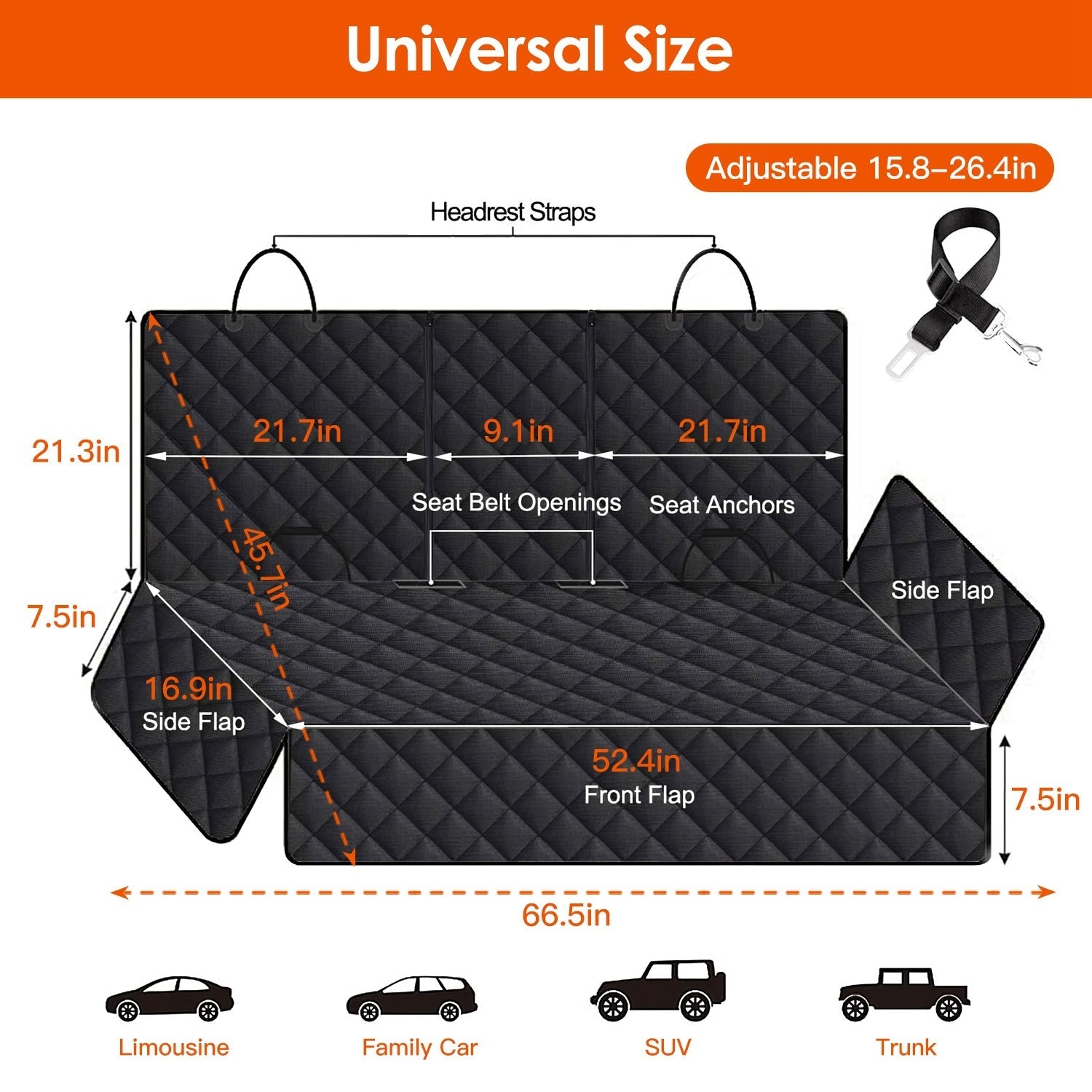 Dog Car Seat Cover with Seat Belt Attachment, Universal Fit
