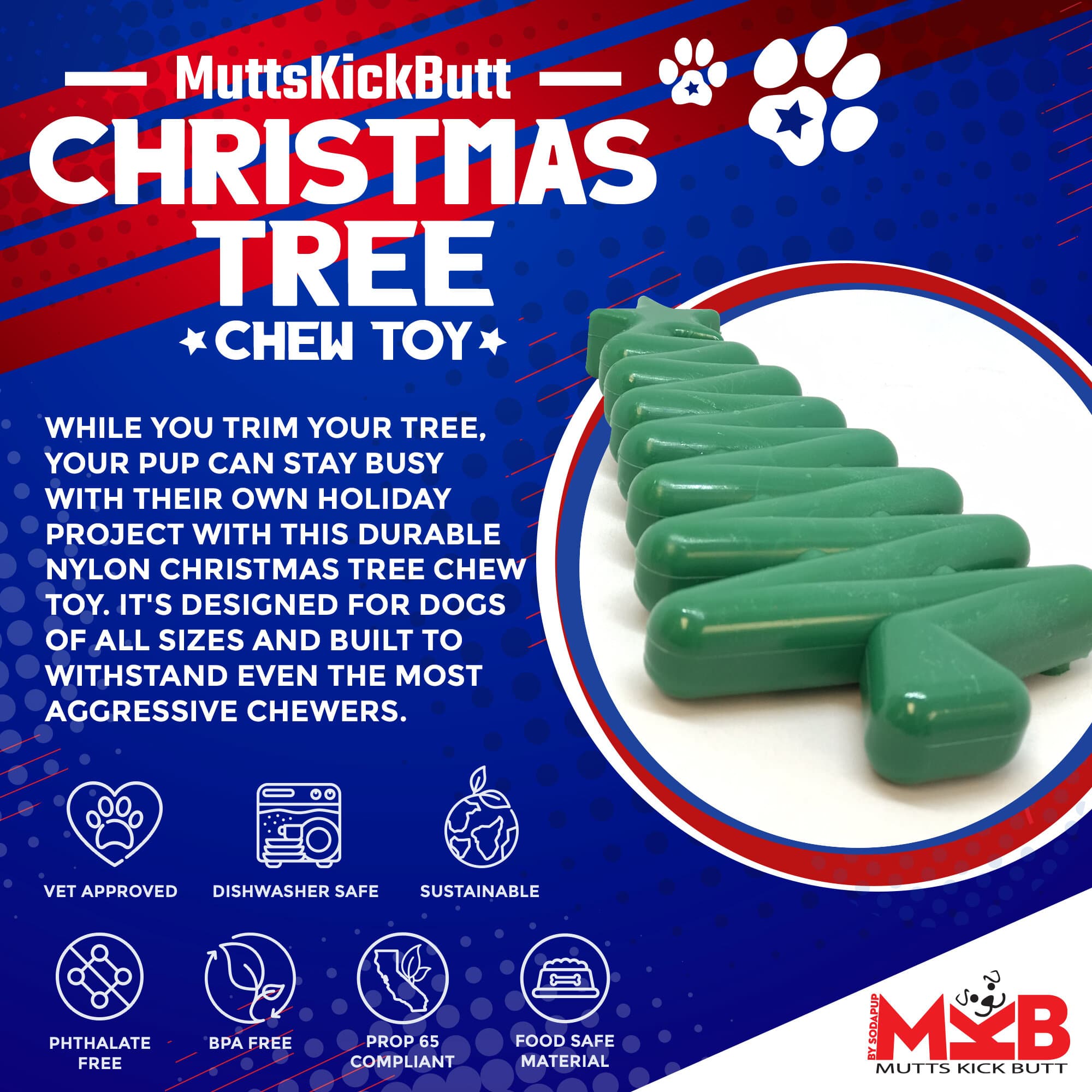 Christmas Tree Ultra Durable Nylon Dog Chew Toy with Treat Pockets