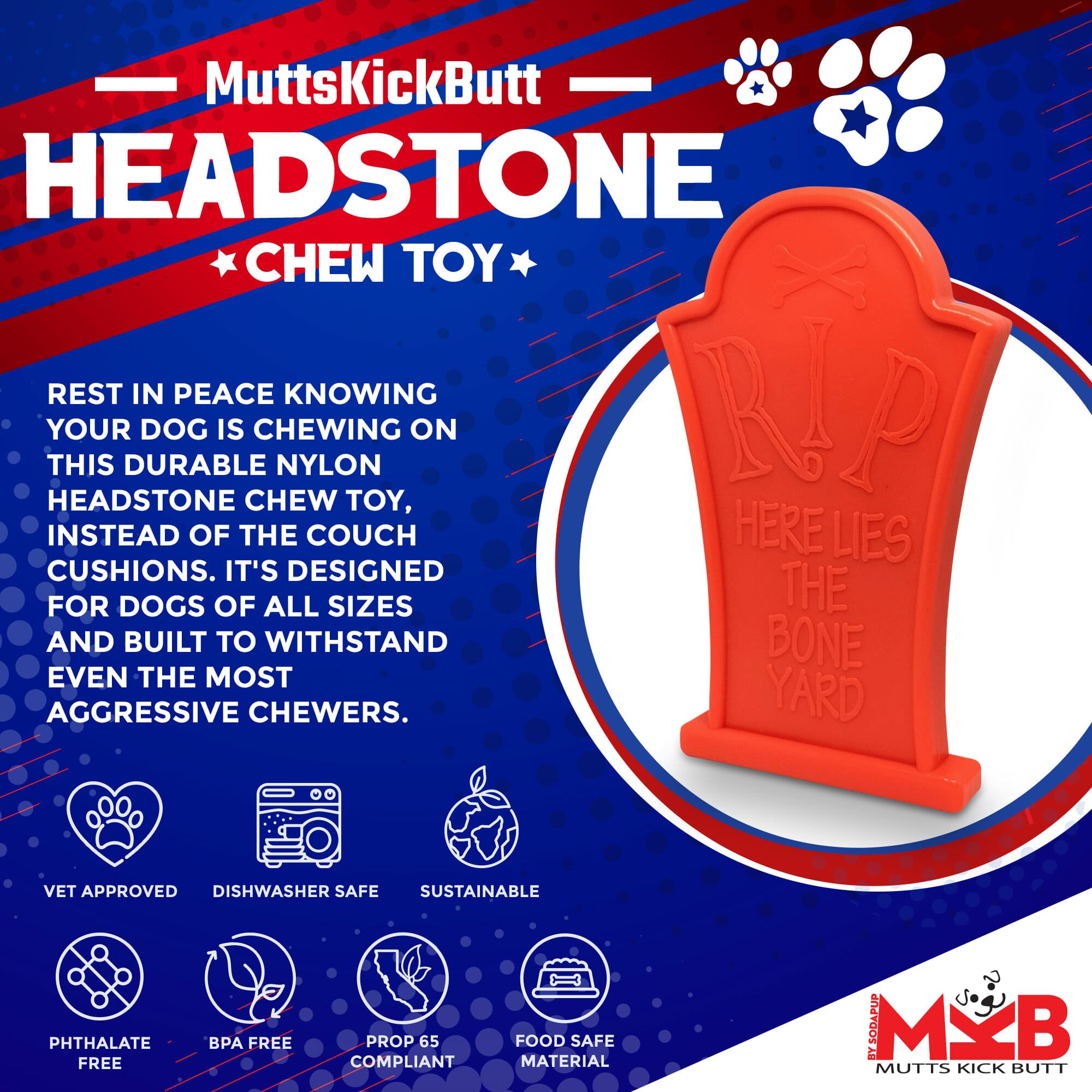 Headstone Ultra Durable Nylon Dog Chew Toy, 6.5" Orange