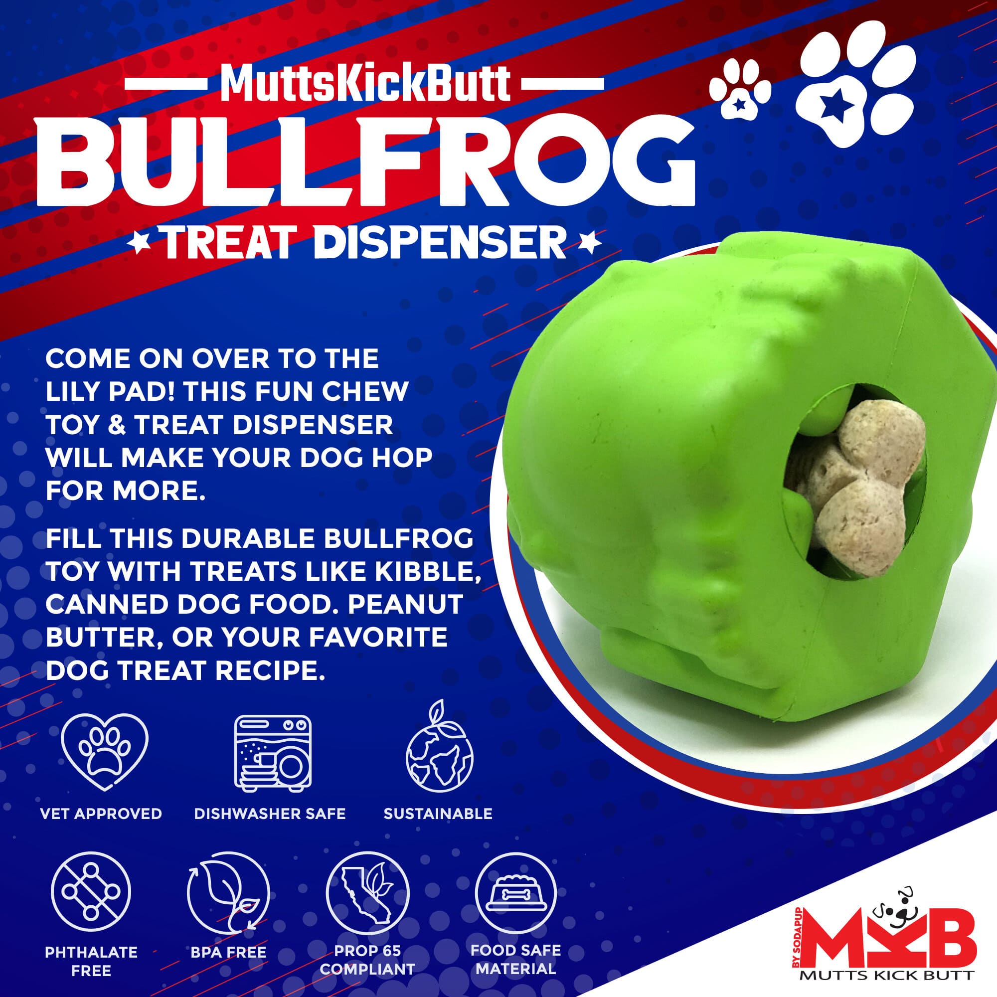 Bull Frog Dog Chew Toy & Treat Dispenser for Large Dogs, Green