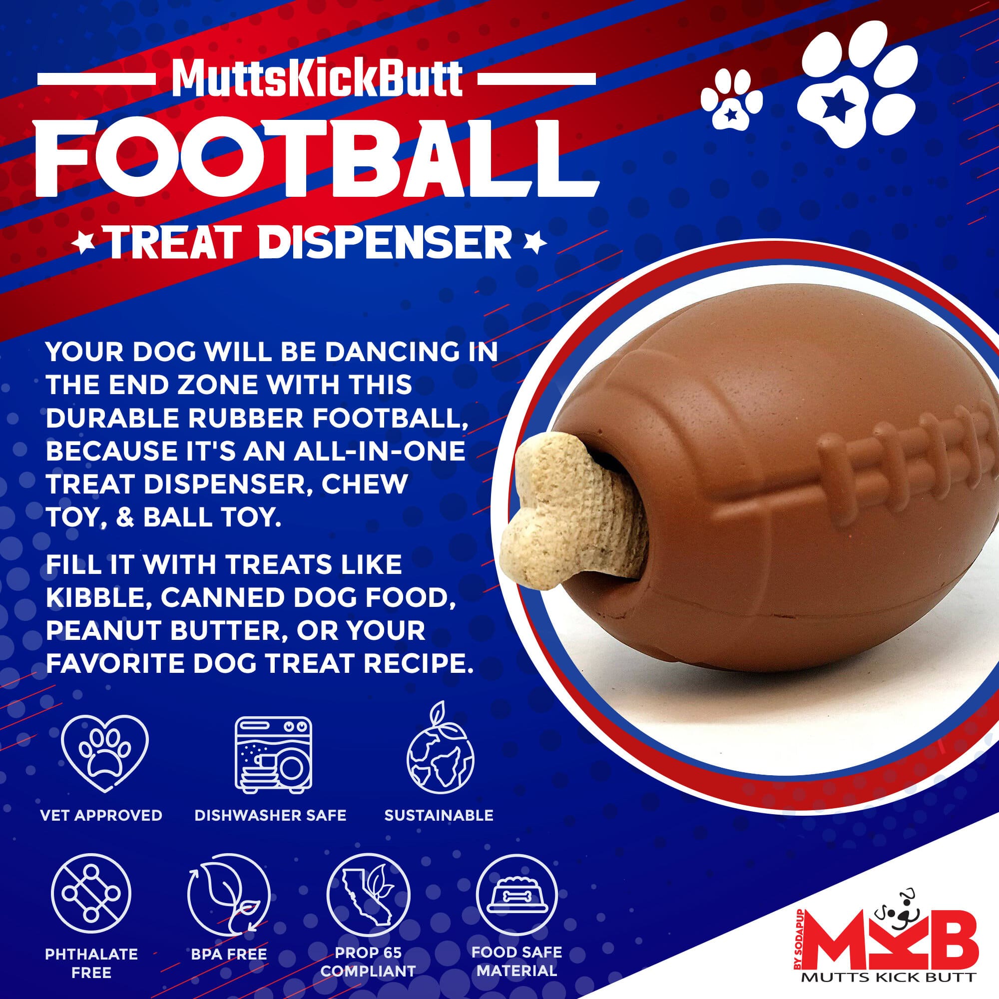 Football-Shaped Natural Rubber Dog Chew Toy & Treat Dispenser, Brown