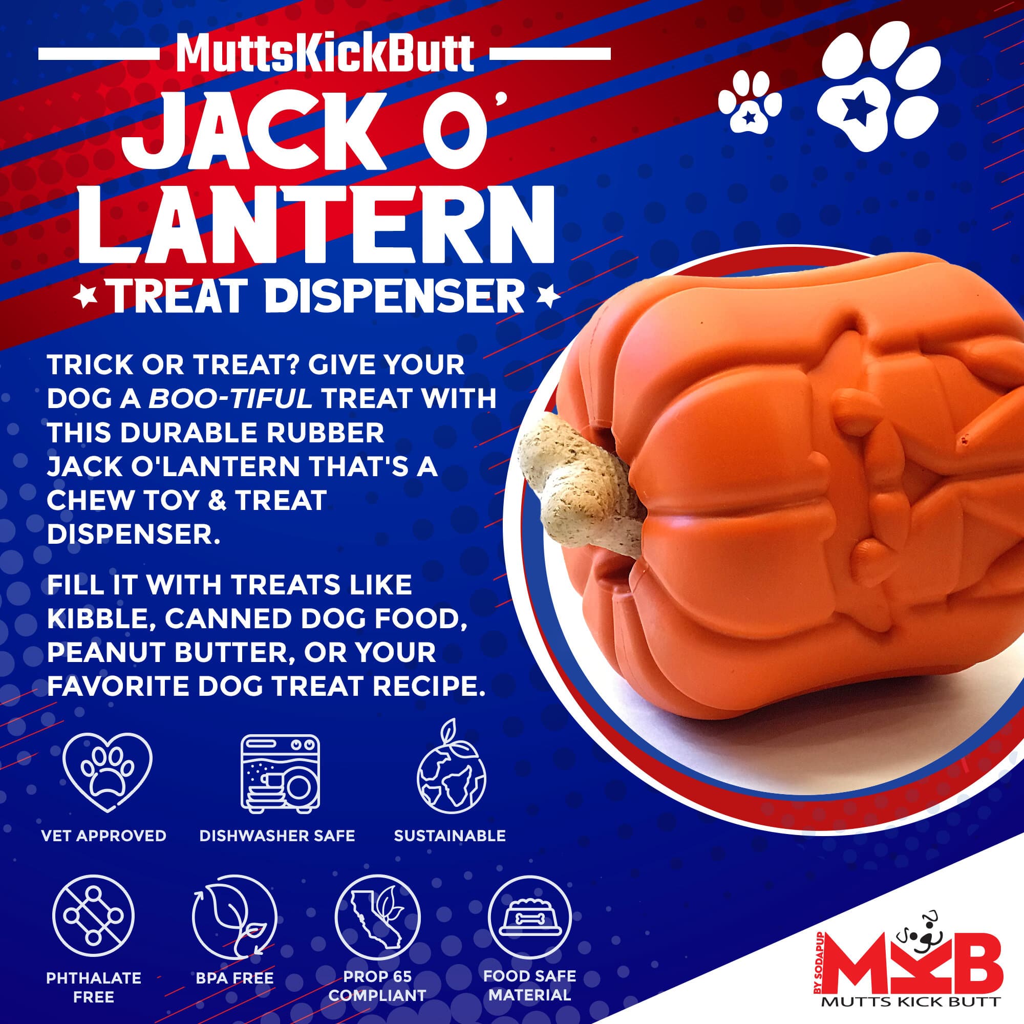 Jack O' Lantern Large Dog Chew Toy & Treat Dispenser, Natural Rubber