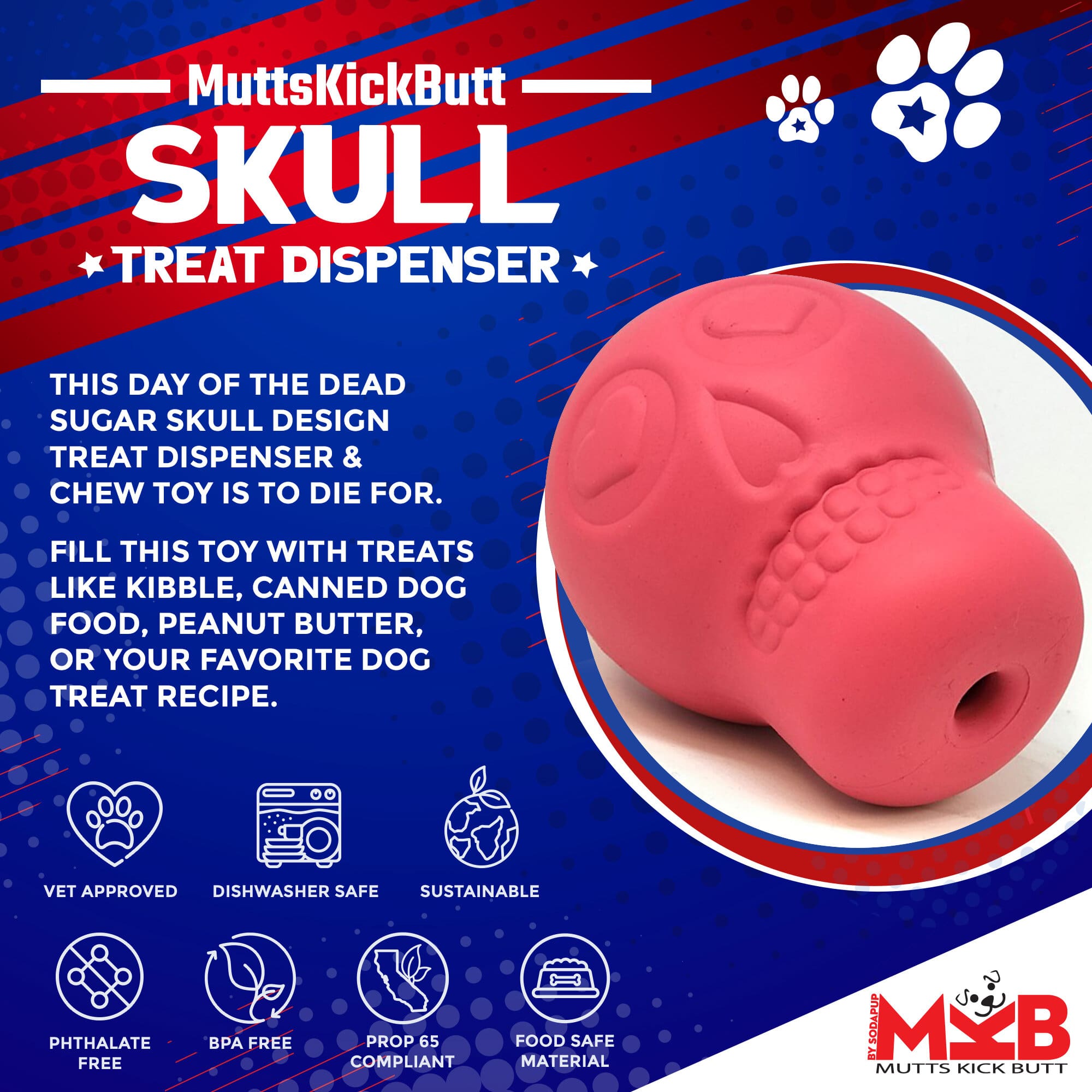 Sugar Skull Dog Chew Toy & Treat Dispenser for Large Dogs