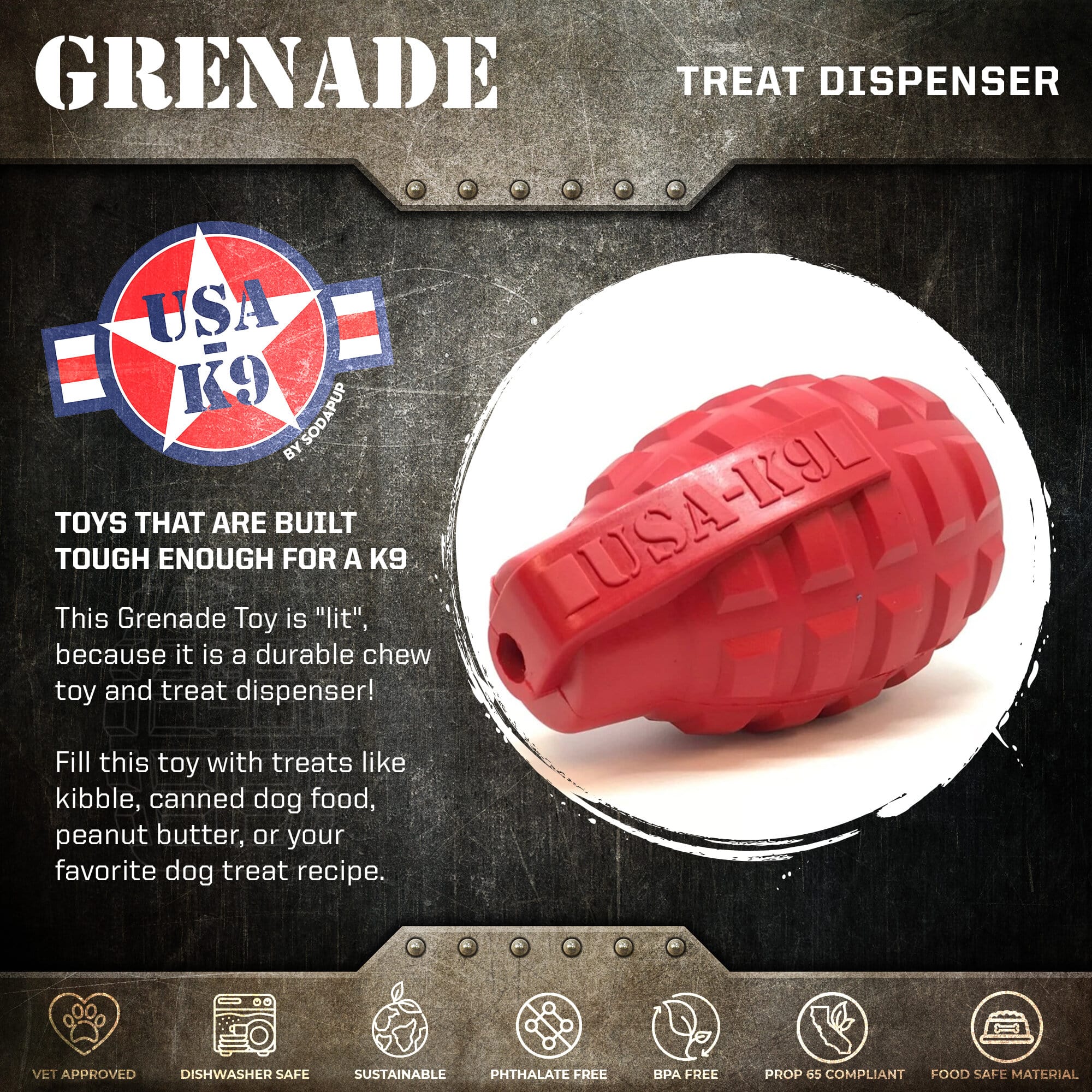 USA-K9 Grenade Ultra-Durable Rubber Dog Chew Toy