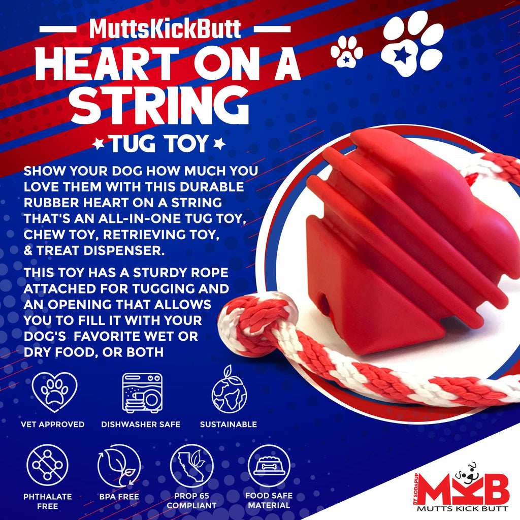Heart on a String Large Dog Chew and Tug Toy – Red Rubber, Rope Handle