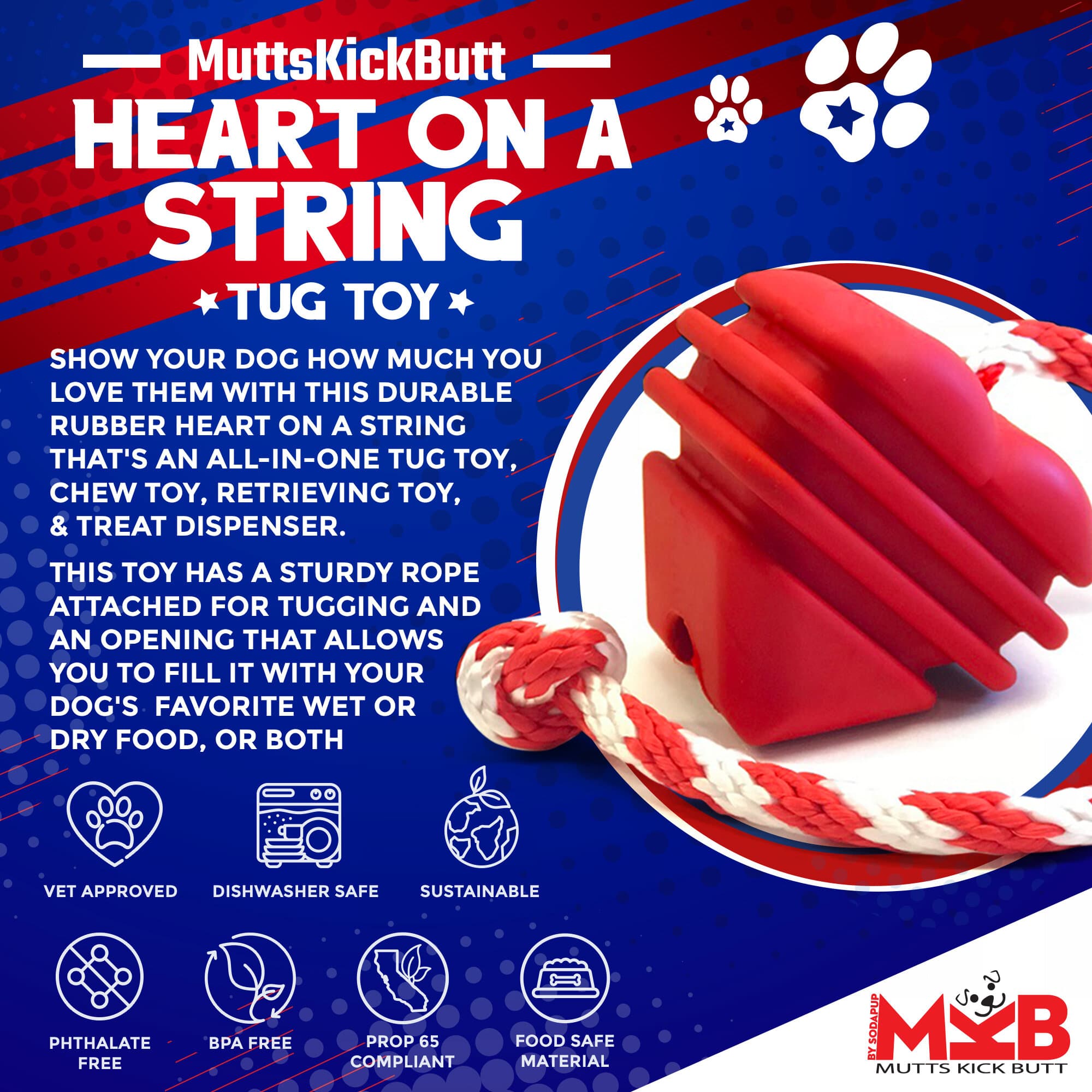 Heart on a String Large Dog Chew and Tug Toy – Red Rubber, Rope Handle