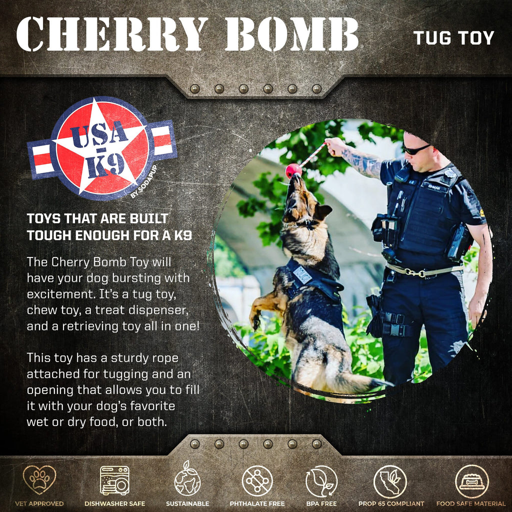 USA-K9 Cherry Bomb Rubber Dog Chew Toy, 4-in-1 Enrichment
