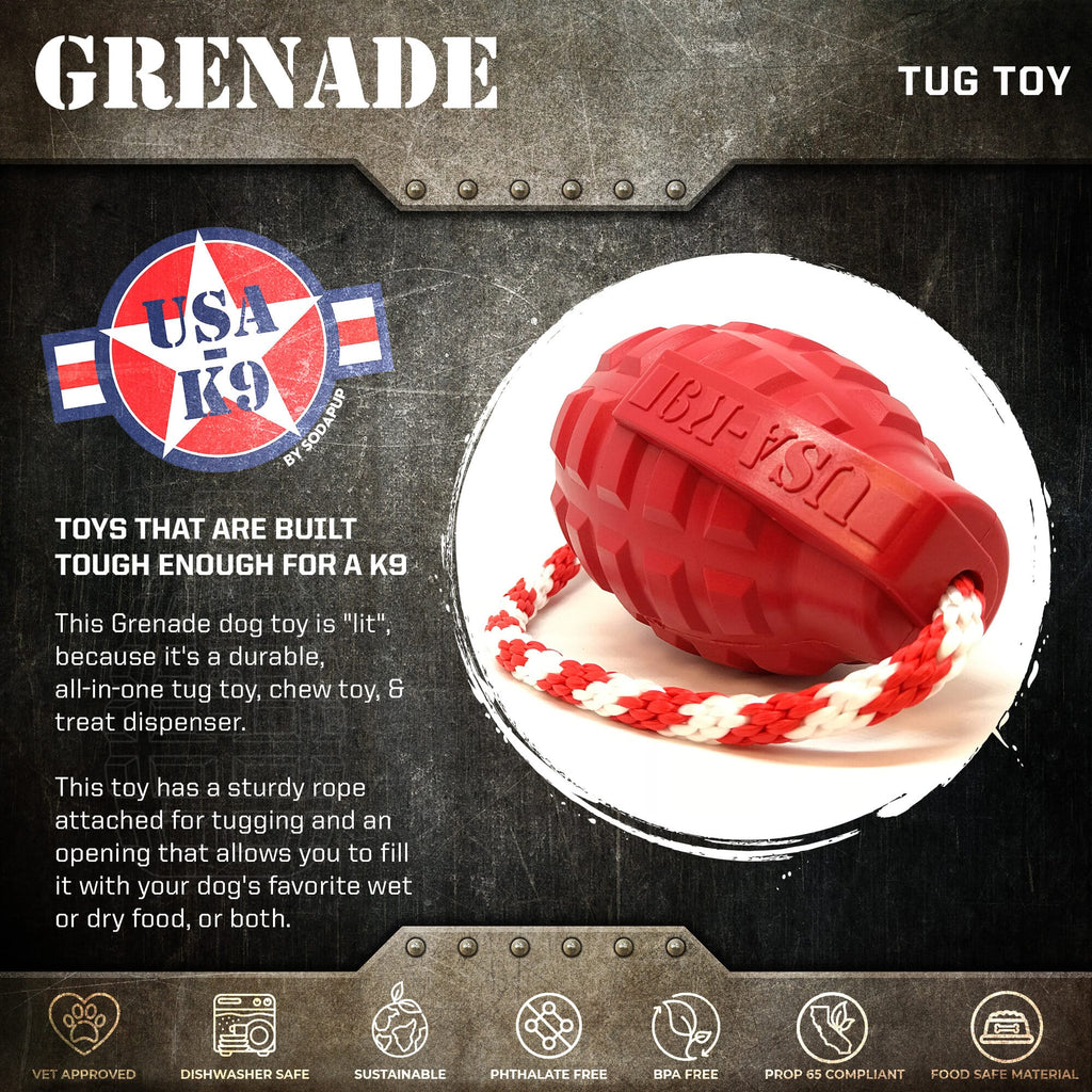 USA-K9 Grenade Dog Toy, Large, Steel Blue, 30–60 lbs