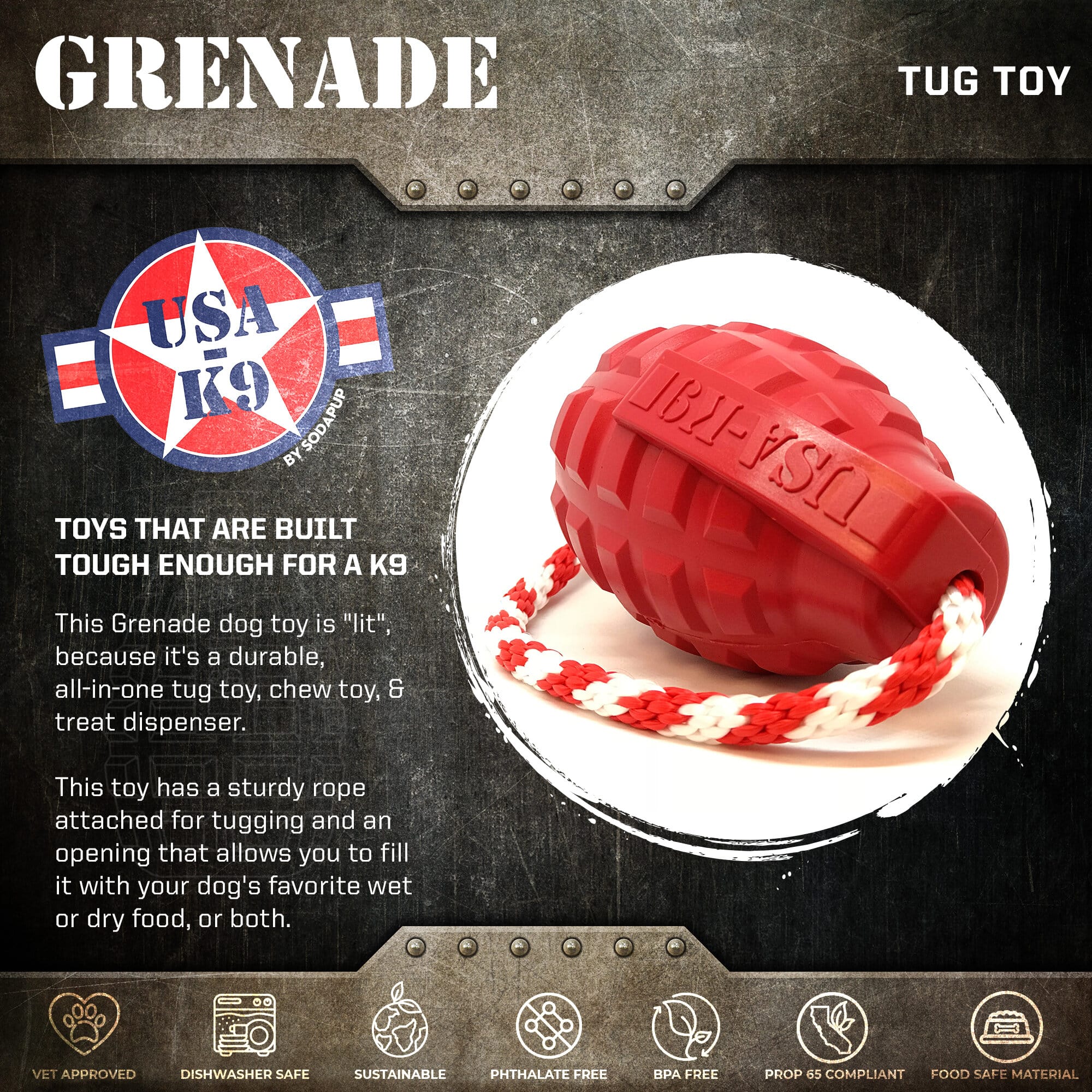 USA-K9 Grenade Dog Toy, Large, Steel Blue, 30–60 lbs