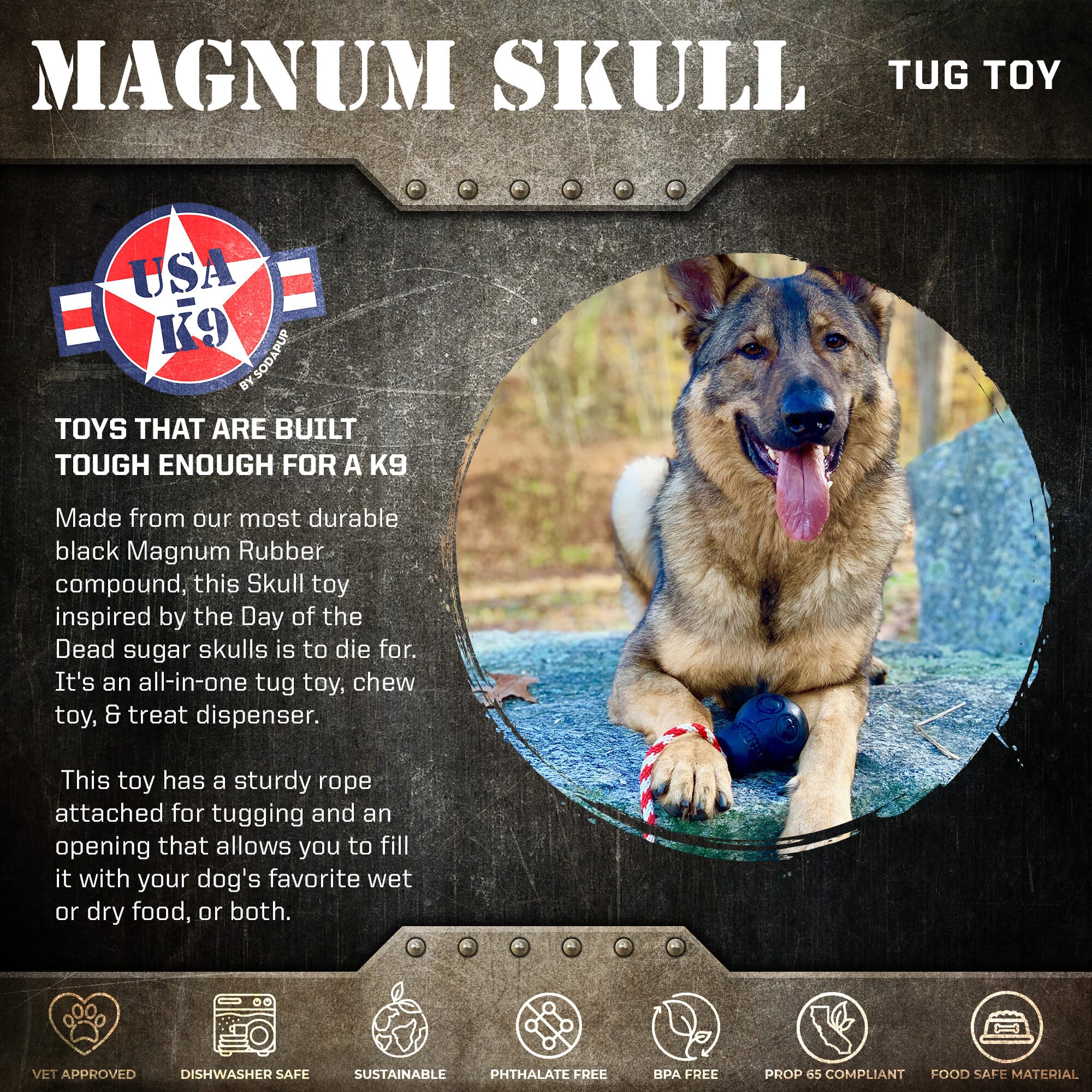 USA-K9 Magnum Skull Durable Rubber Chew Toy for Large Dogs
