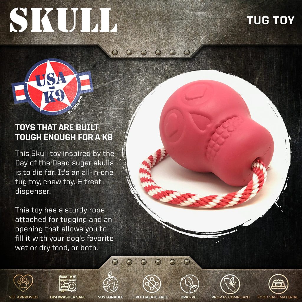 USA-K9 Skull Dog Chew Toy & Treat Dispenser, Large, Pink Rubber