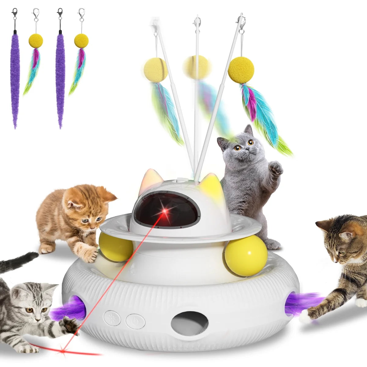 4-in-1 Interactive Cat Toy with Laser, Feather Wand, and Track Ball