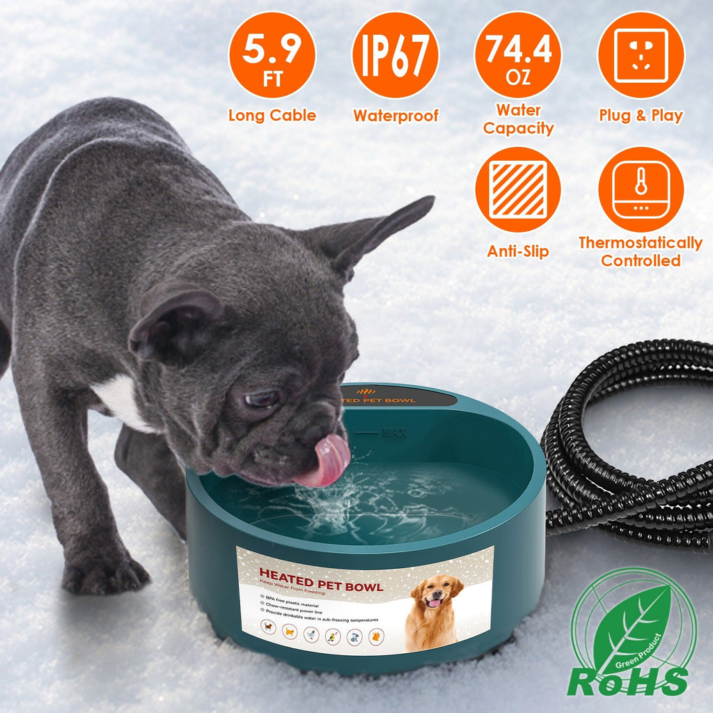 Heated Pet Water Bowl, 74.4 oz, IP67 Waterproof for Dogs, Cats & Rabbits