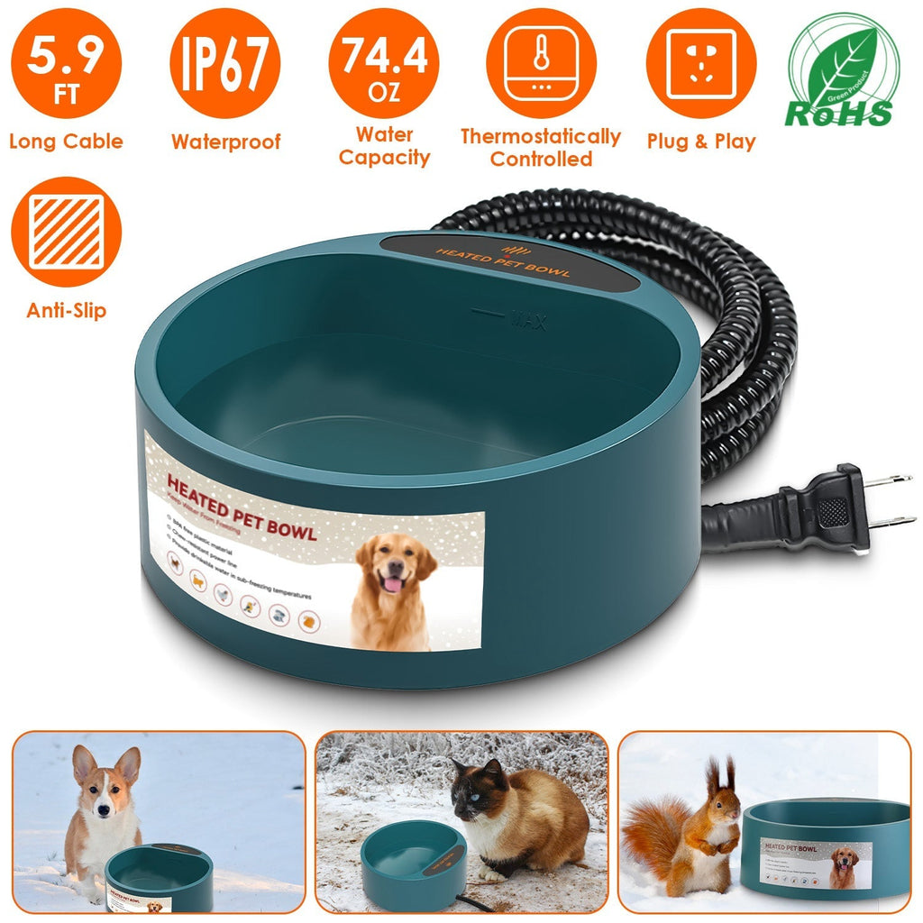 Heated Pet Water Bowl, 74.4 oz, IP67 Waterproof for Dogs, Cats & Rabbits
