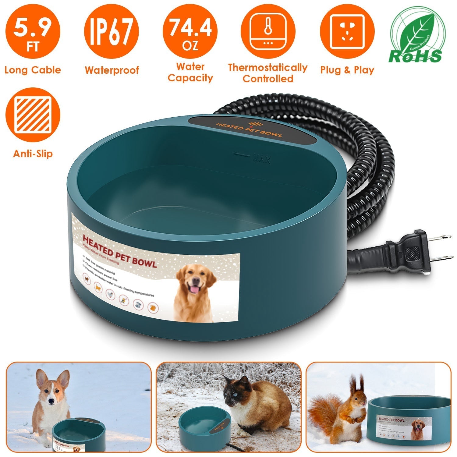 Heated Pet Water Bowl, 74.4 oz, IP67 Waterproof for Dogs, Cats & Rabbits