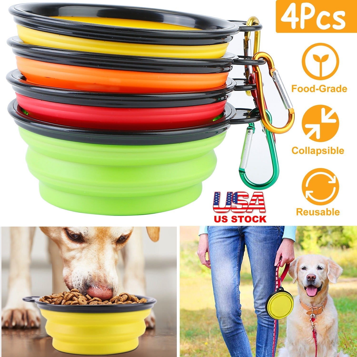 Collapsible Silicone Dog Bowls Set of 4 with Carabiners