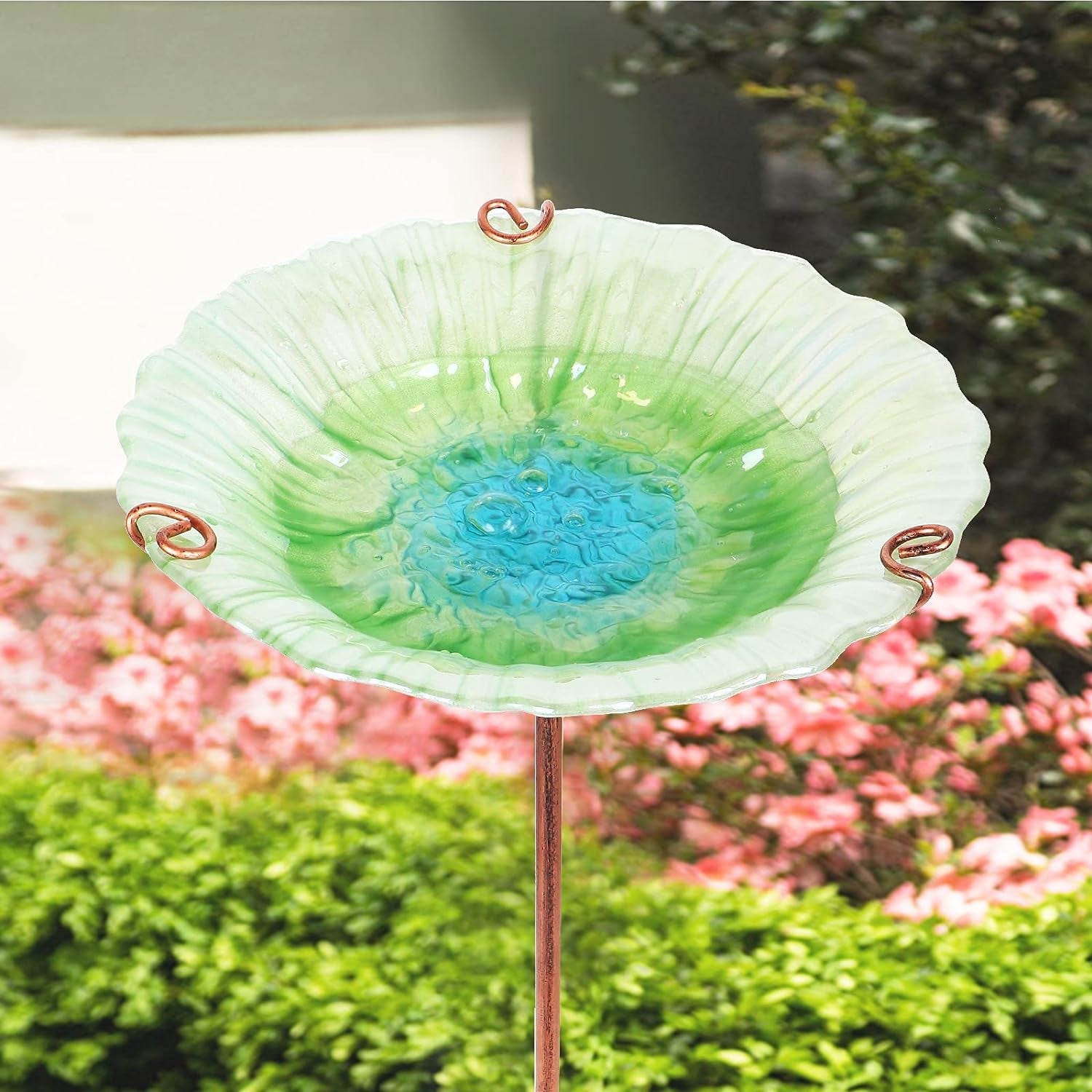 26 Inch Height Glass Birdbath Birdfeeder with Metal Stake Garden Outdoor Green