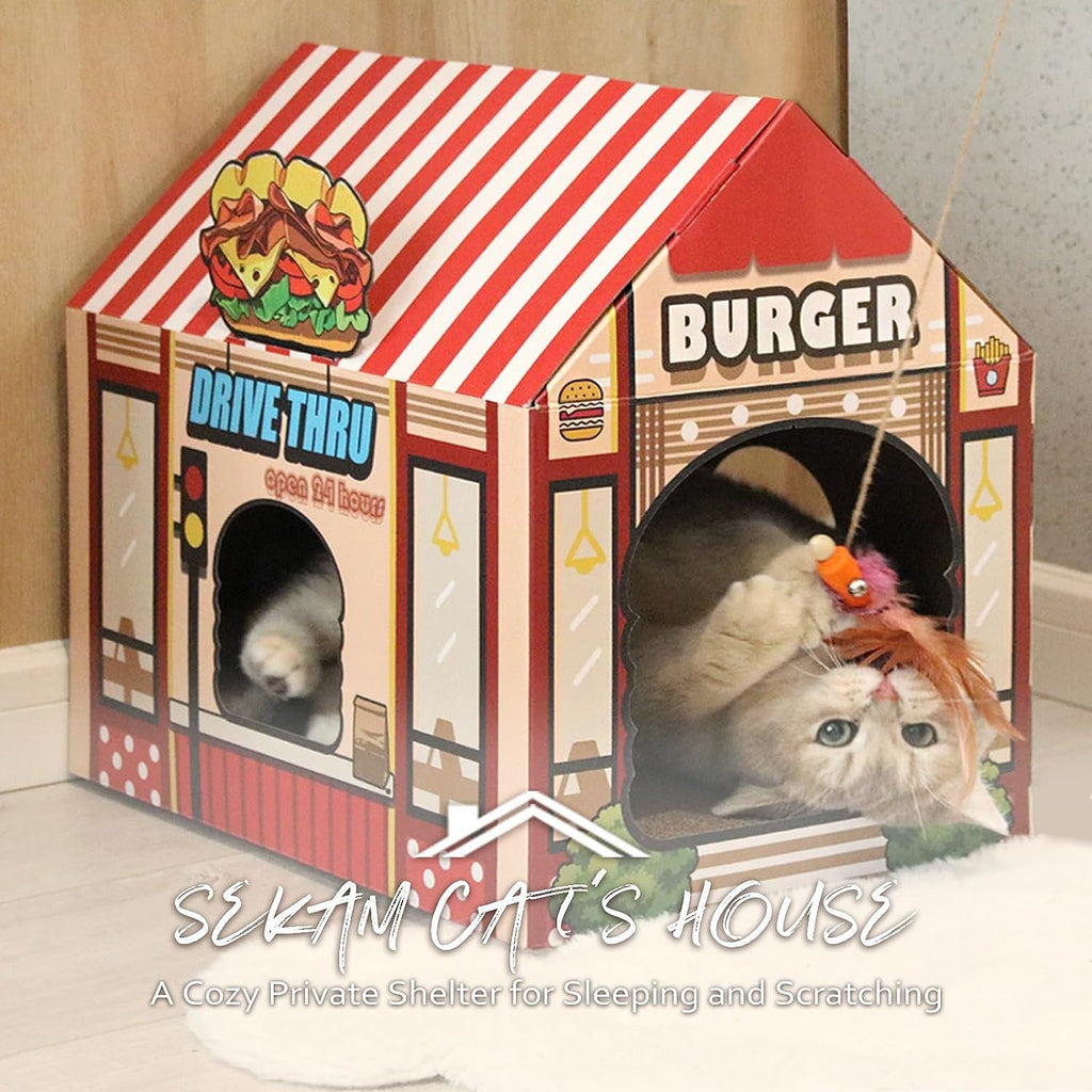2-in-1 Cat House & Scratcher – Burger Shop Cardboard Design