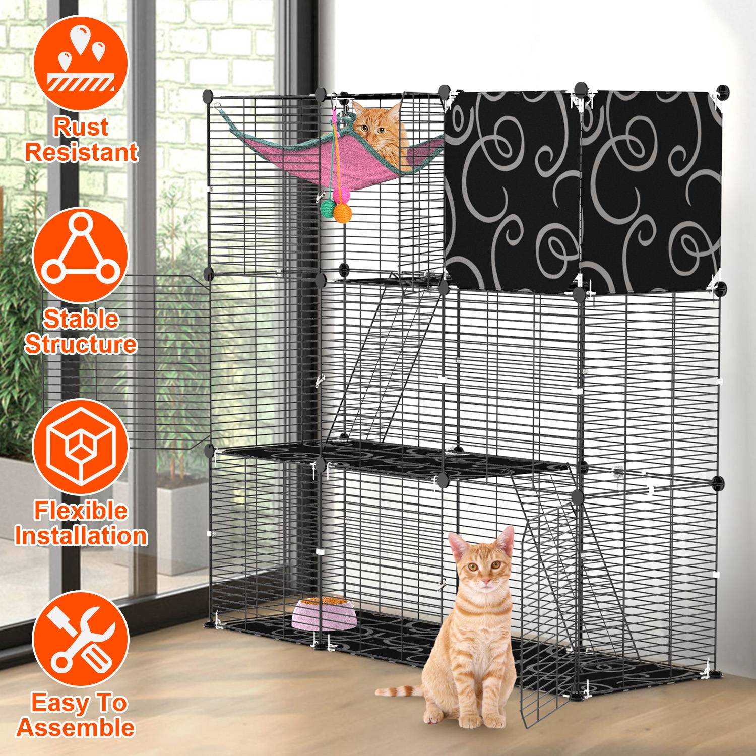 3-Tier Cat Cage Enclosure with Hammock and Toy Ball