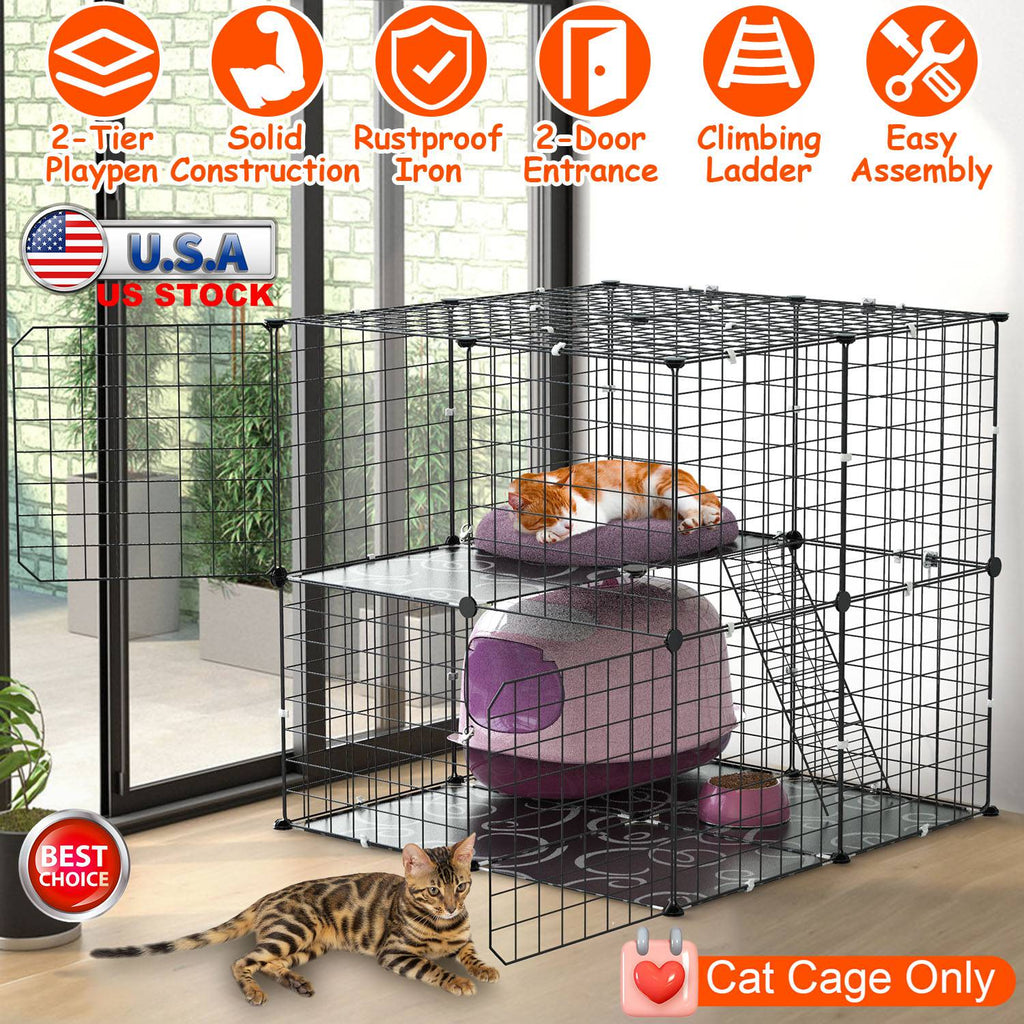 2-Tier Indoor Cat Cage Playpen with Climbing Ladder and Doors