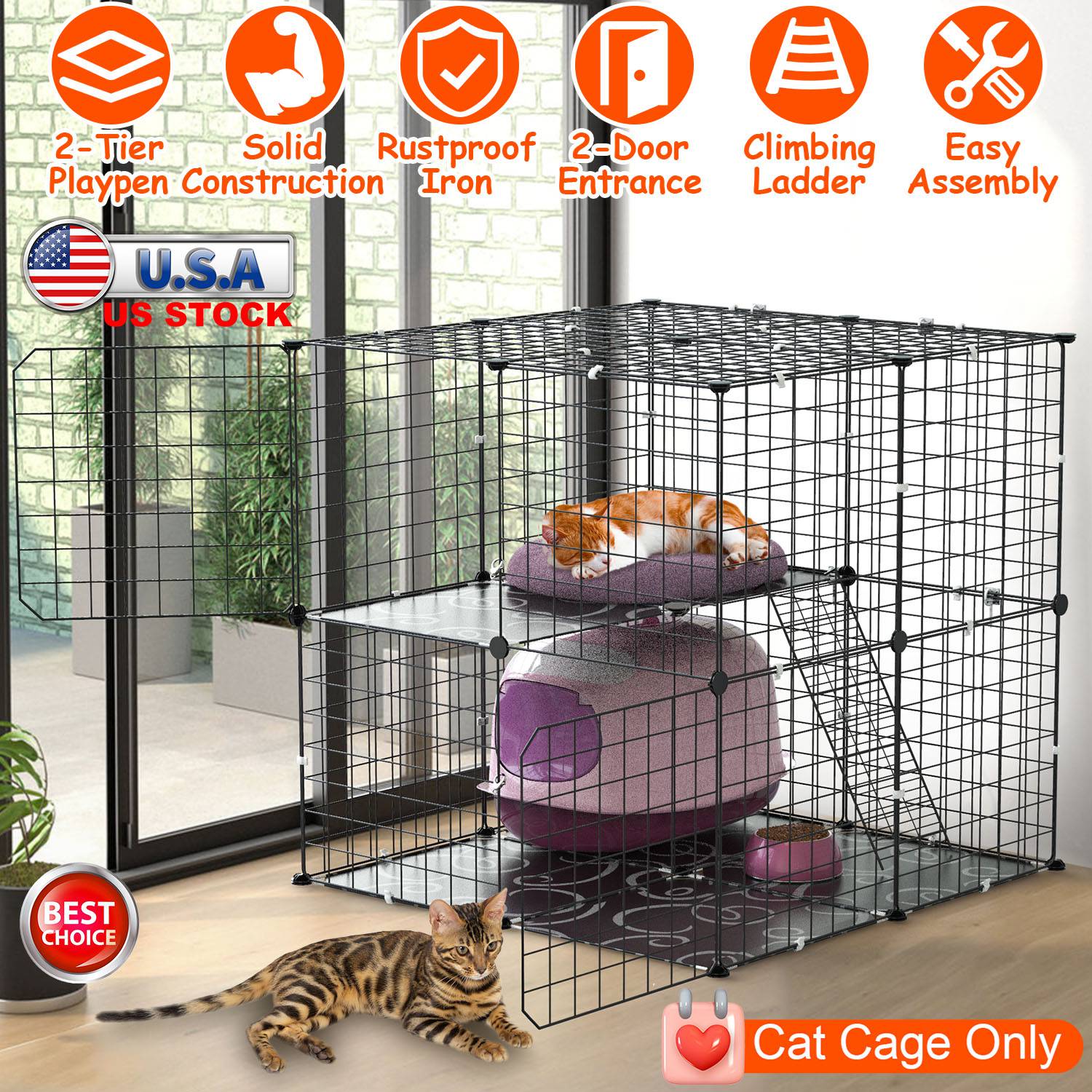2-Tier Indoor Cat Cage Playpen with Climbing Ladder and Doors